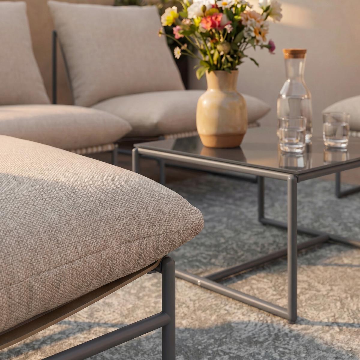Loungegarnitur Lino Creme Outdoorstoff/Metall +Abdeckung - Dunkelgrau/Multicolor, MODERN, Glas/Textil - Bessagi Garden