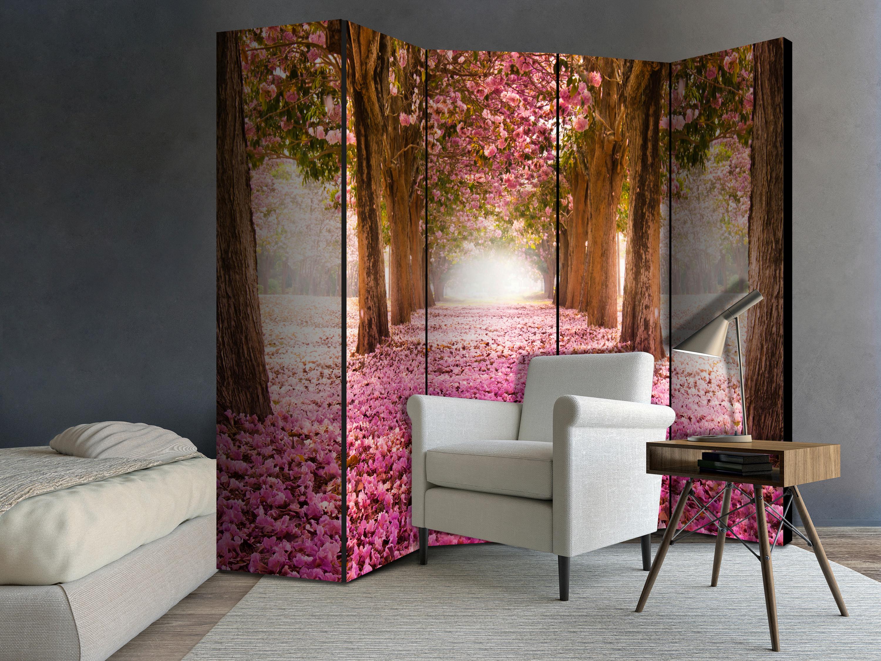 Paravan Pink Grove I, 5-Delni, Enostranski - pink/rjava, Basics, tekstil/les (225/172/3cm) - artgeist