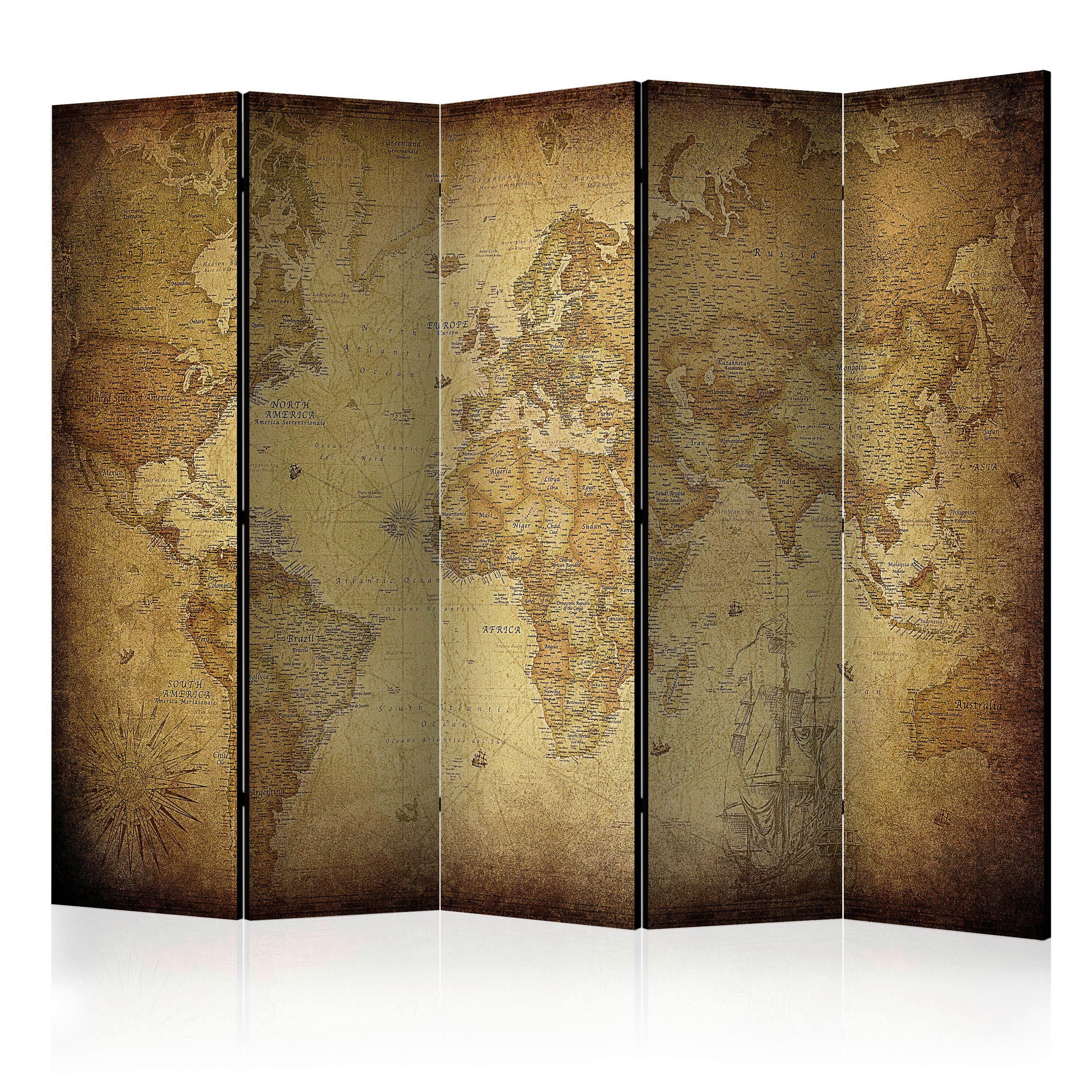 Paravan Old Map I, 5-Delni, Dvostranski - bež/rjava, Basics, tekstil/les (225/172/3cm) - artgeist
