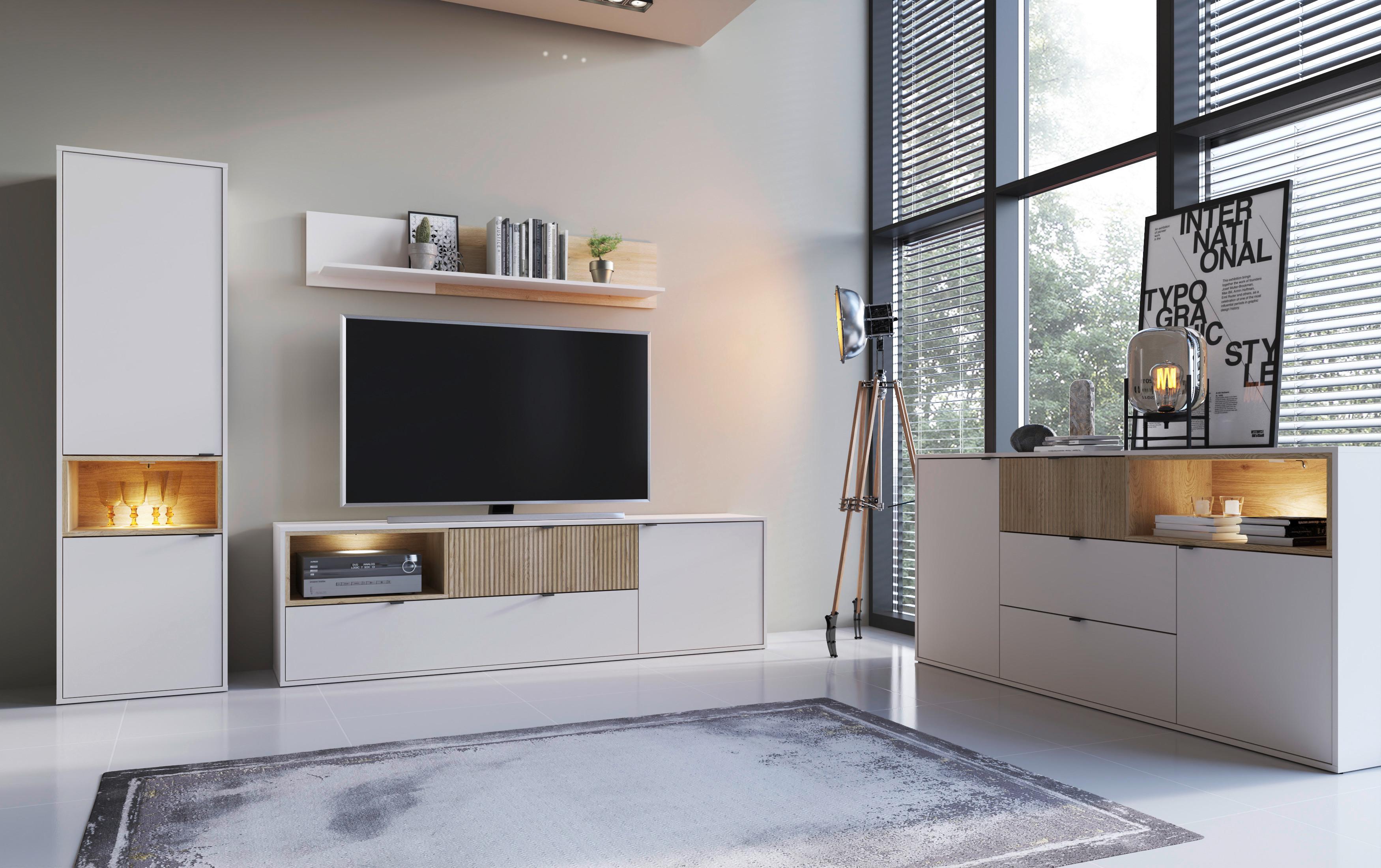 Comodă TV SAMM - bej/culoare lemn stejar, Trend, material pe bază de lemn (203,6/59/40cm) - Modern Living