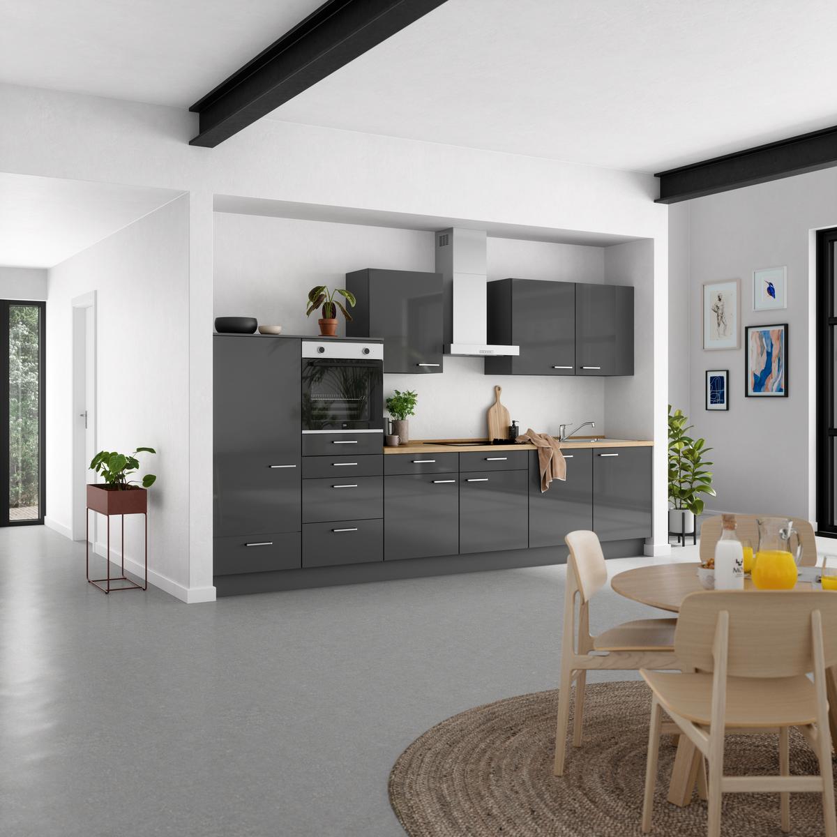 Küchenblock Flash Low m. Geräten Schieferfarben - Schieferfarben/Edelstahlfarben, MODERN, Holzwerkstoff/Metall (360cm) - Nobilia
