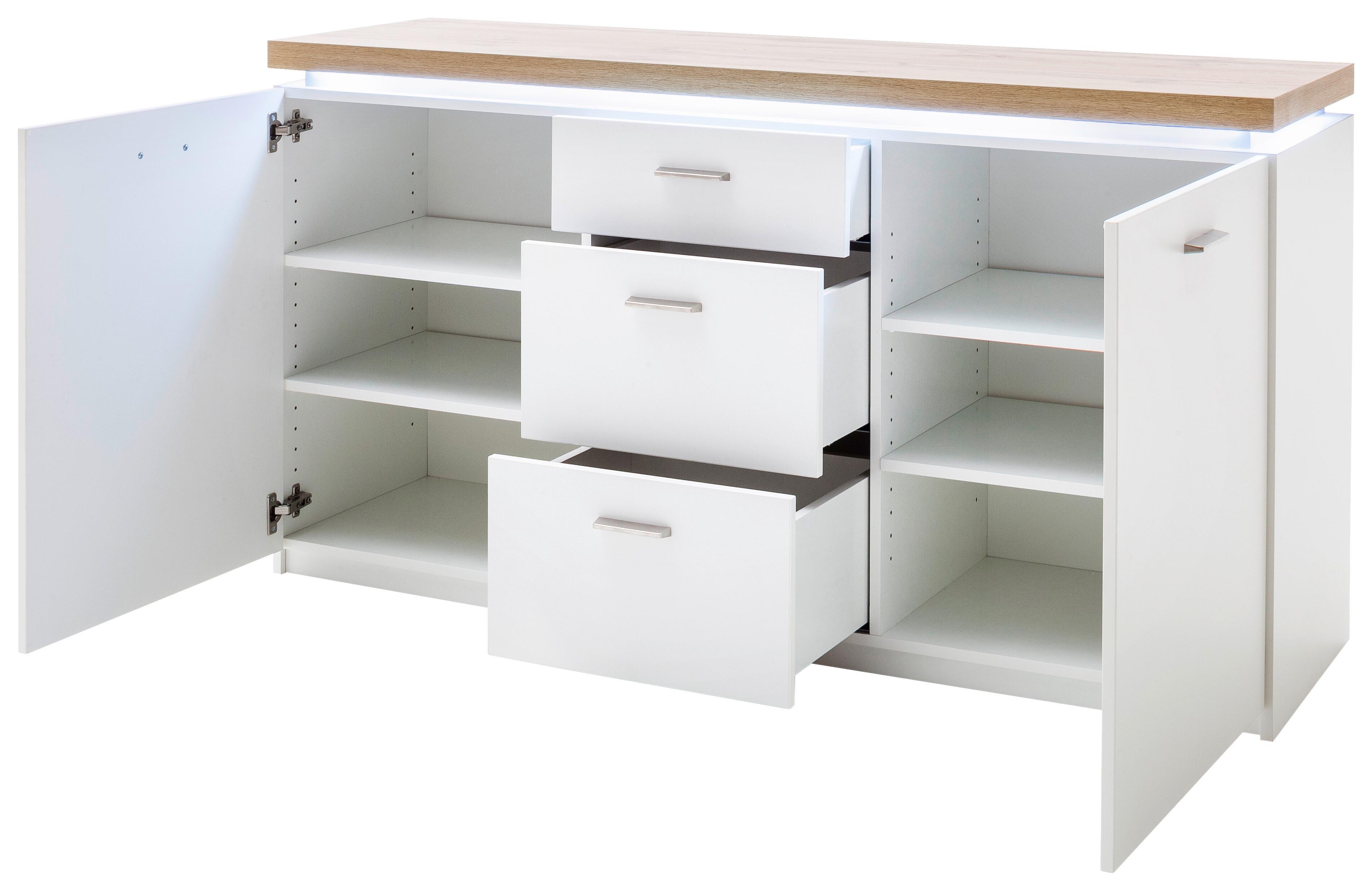 Komoda Cali, Bela, Barva Hrasta - srebrne barve/barve hrasta, Moderno, kovina/leseni material (156/82/44cm) - Premium Living