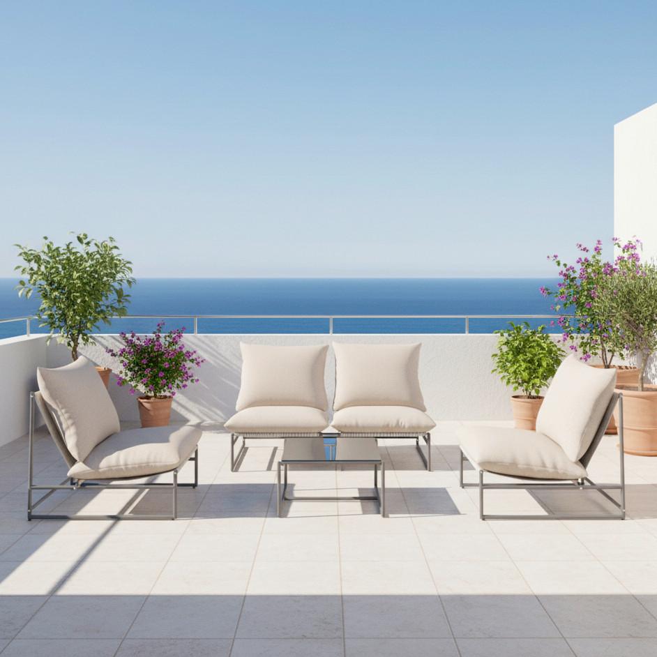 Loungegarnitur Lino Creme Outdoorstoff/Metall +Abdeckung - Dunkelgrau/Multicolor, MODERN, Glas/Textil - Bessagi Garden