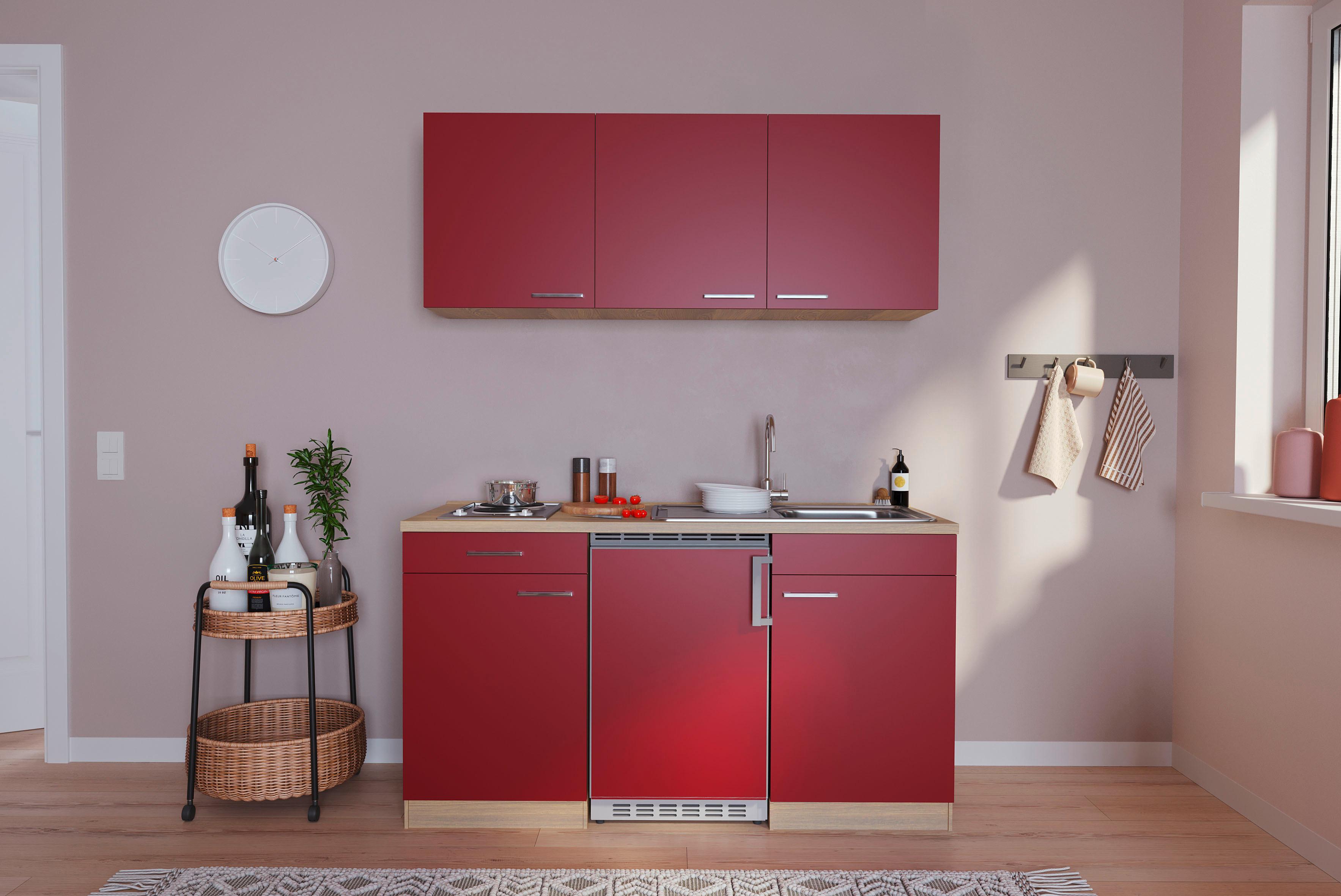 Miniküche Economy m. Geräten B: ca. 150cm Rot/Eichefarben - Rot, Basics, Holzwerkstoff (150cm) - Respekta