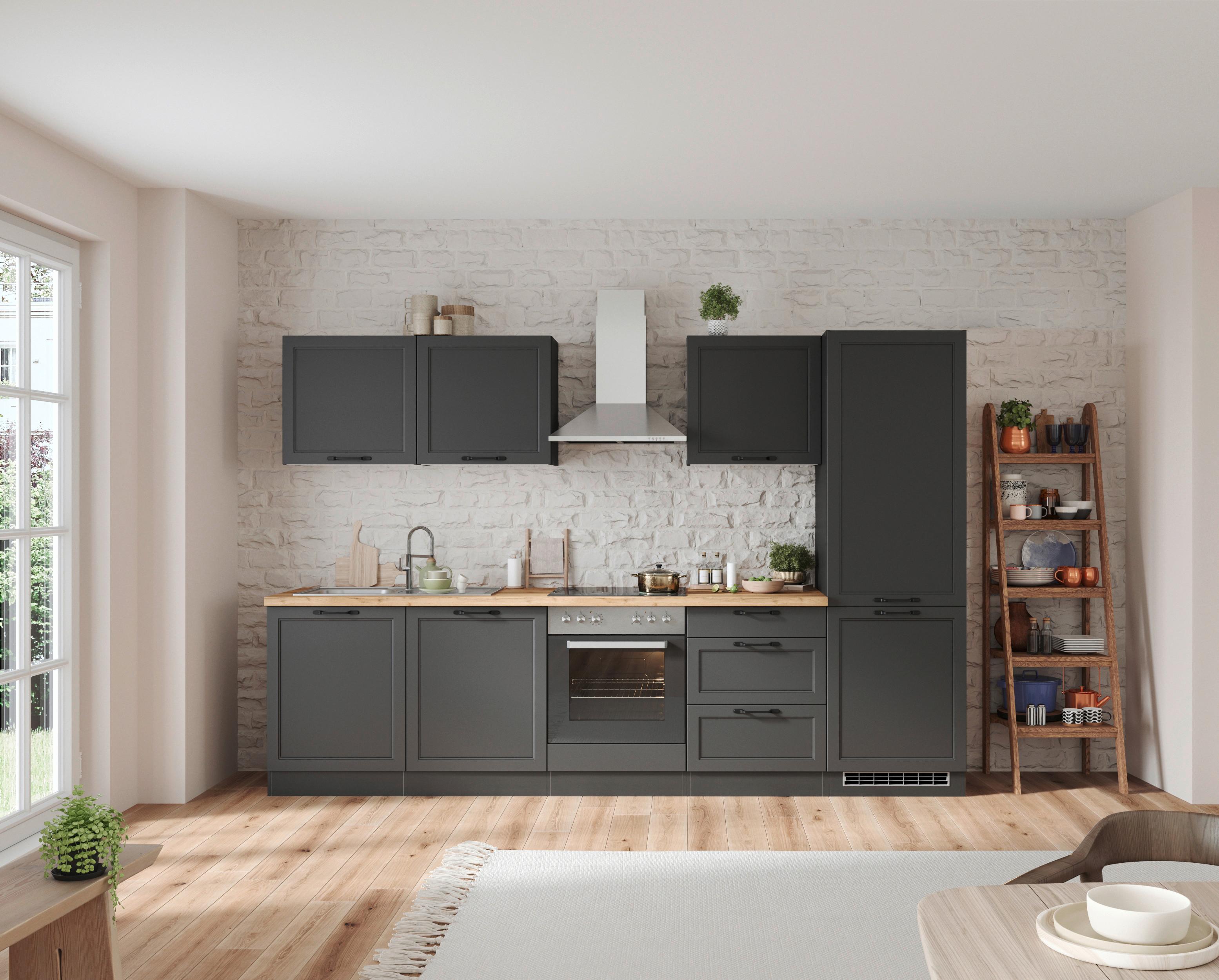 Küchenzeile Meran mit Geräte ca. 300 cm Grau/Eiche - Eiche Wotan/Schwarz, LIFESTYLE, Holzwerkstoff/Metall (300cm) - Held