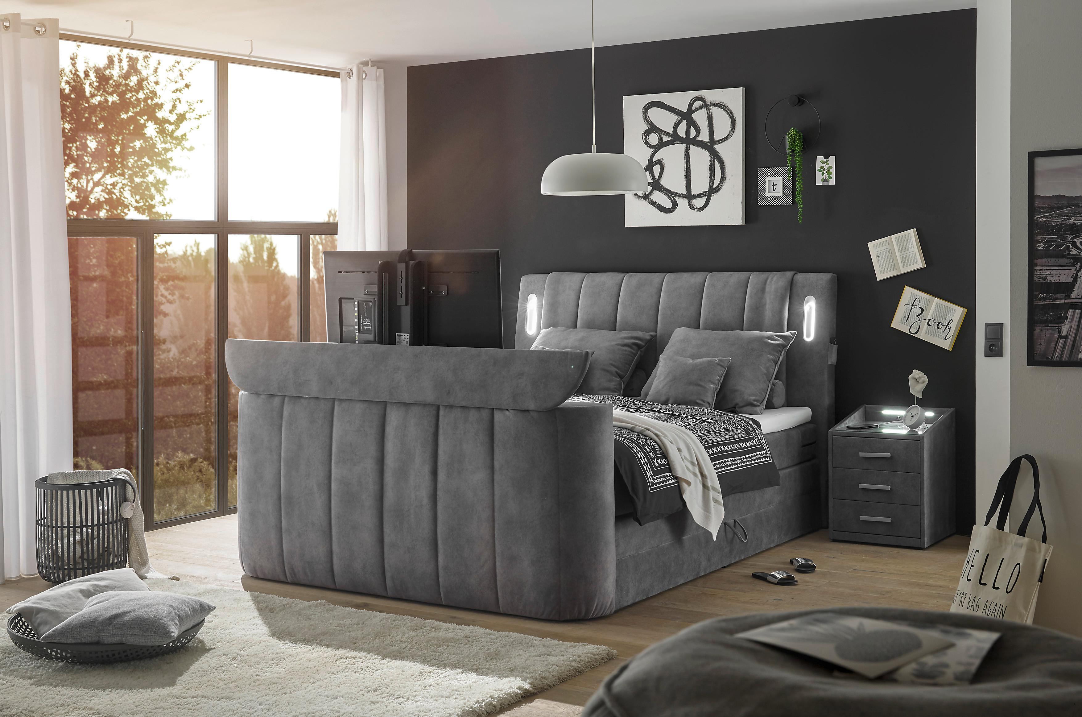 Boxspringbett Dallas m. LED ca. 180x200 cm Grau - Grau, MODERN, Holzwerkstoff/Kunststoff (180/200cm) - MID.YOU
