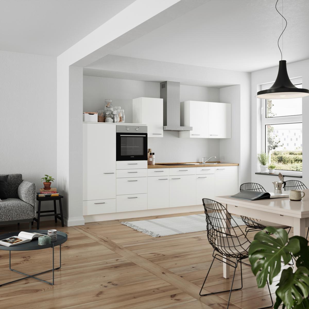 Küchenblock Touch Low m. Geräten Weiß - Edelstahlfarben/Eichefarben, MODERN, Holzwerkstoff/Metall (330cm) - Nobilia