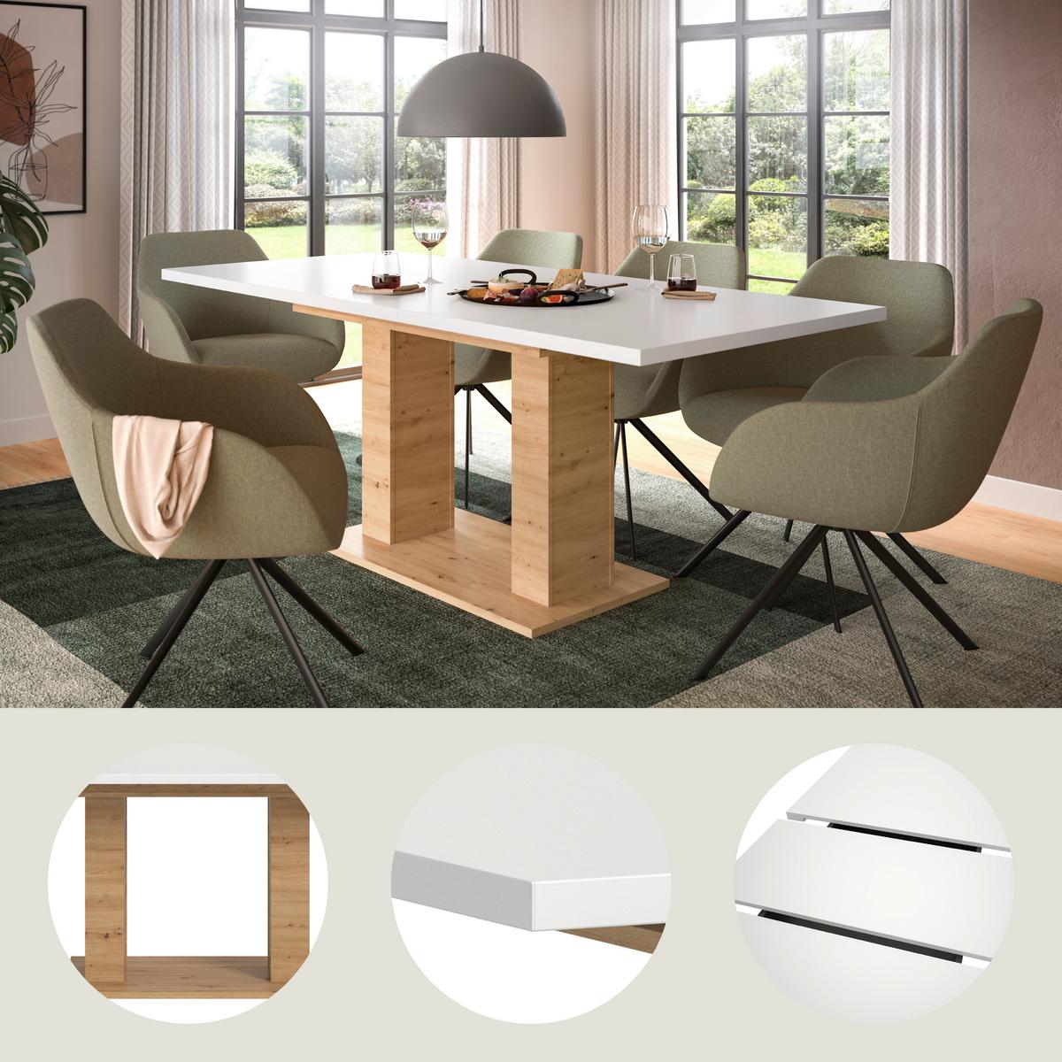 Raztegljiva Miza Marlon, Bela, Barva Hrasta, 150-190x90cm - bela/hrast artisan, Konvencionalno, leseni material (150-190/90/76cm) - MID.YOU