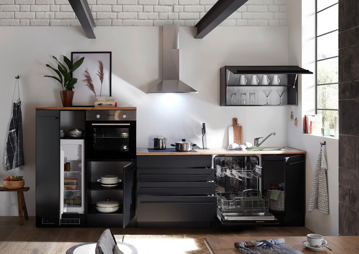 Küchenblock Jazz mit Geräten ca. 320 cm Schwarz - Eichefarben/Schwarz, Basics, Holzwerkstoff/Kunststoff (320cm) - P & B