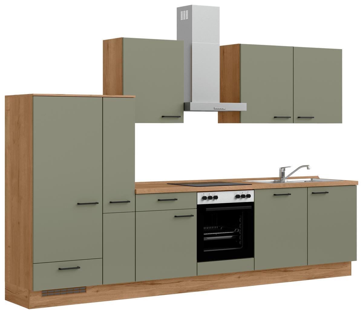 Küchenleerblock Senso Low o. Geräte Olivgrün - Eichefarben/Schwarz, MODERN, Holzwerkstoff/Metall (330cm) - Nobilia