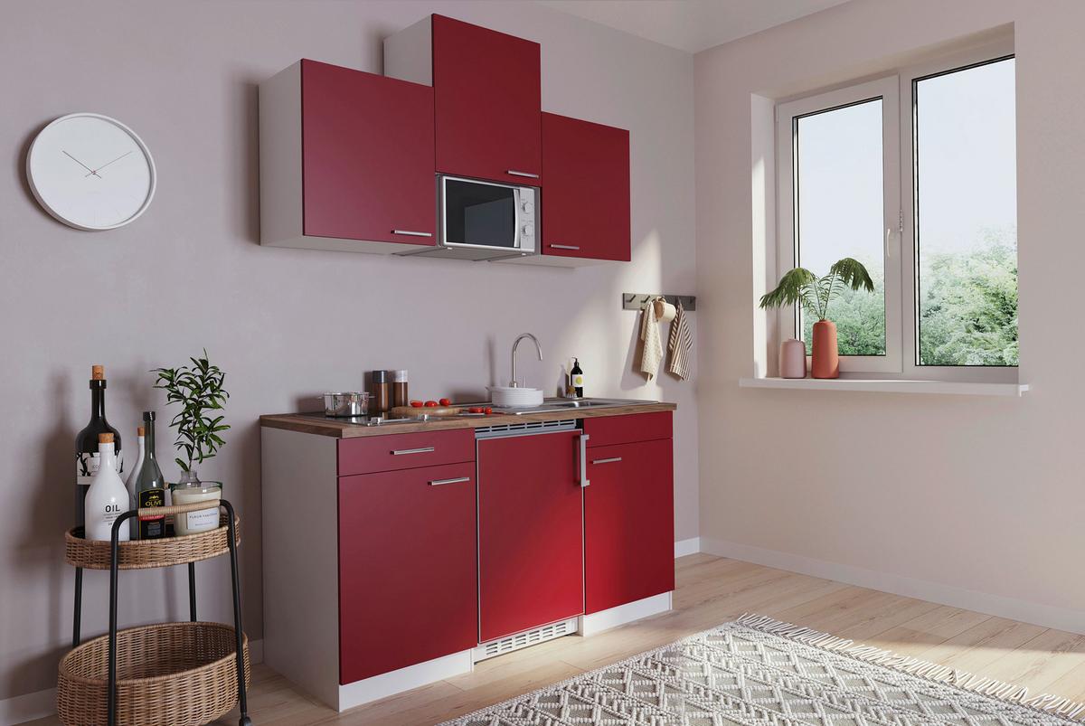 Miniküche Economy m. Geräten Rot B: ca. 150 cm - Edelstahlfarben/Rot, Basics, Holzwerkstoff/Kunststoff (150cm) - Respekta