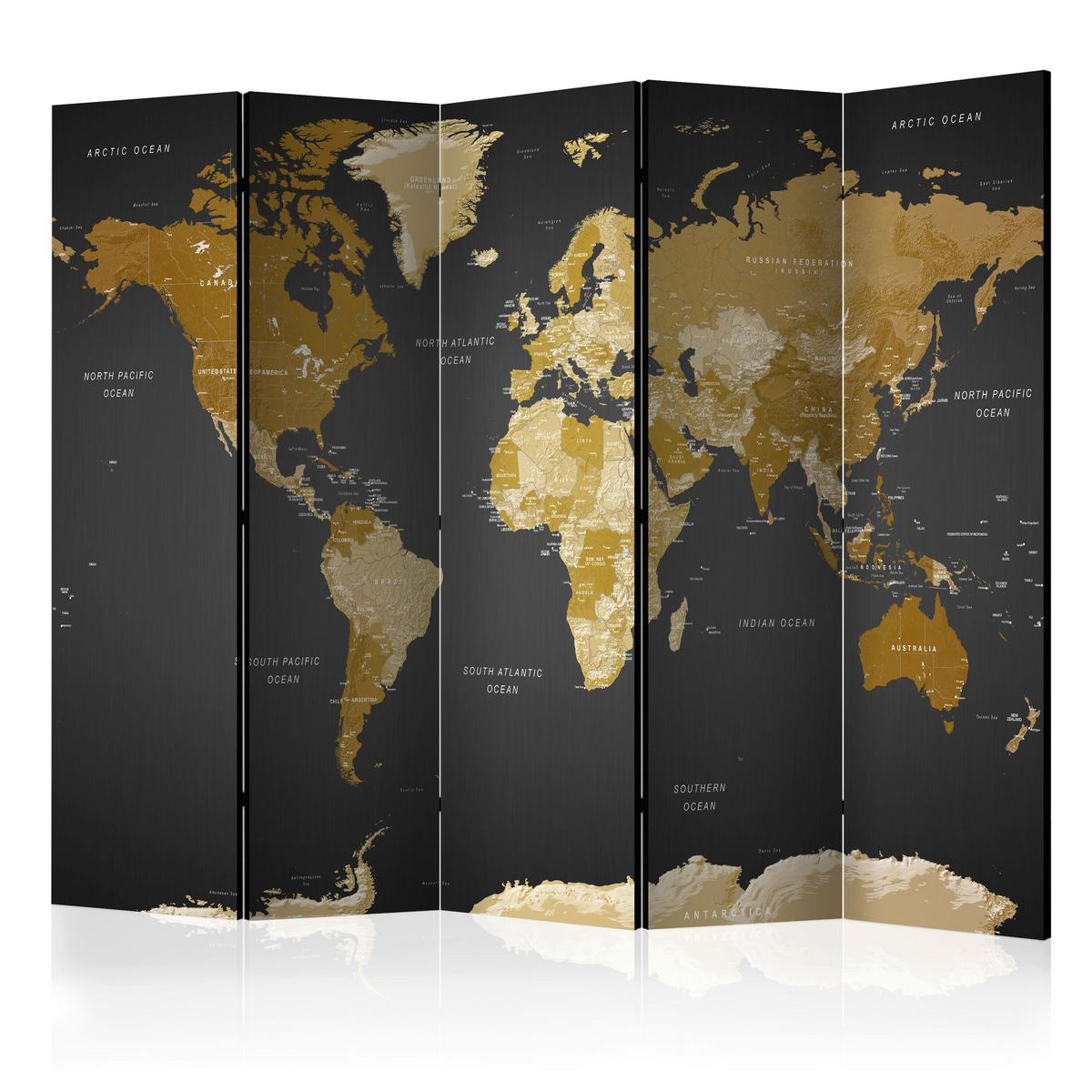 Paravan World Map Ii, 5-Delni, Dvostranski - sivomodra/peščene barve, Basics, tekstil/les (225/172/3cm) - artgeist
