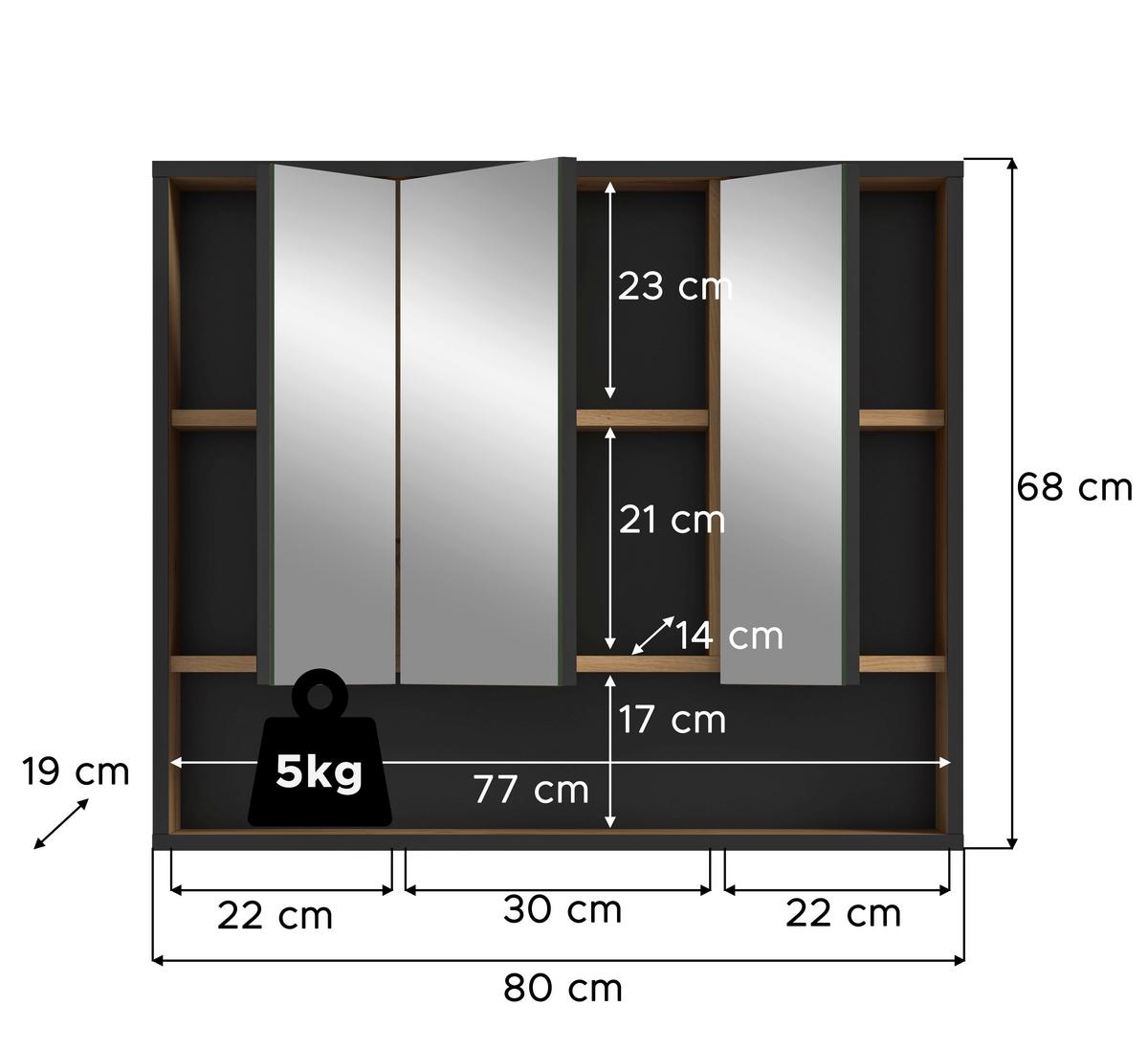 Spiegelschrank Bagno Eiche Artisan/Schwarz - Trend, Glas/Holzwerkstoff (80/68/19cm) - MID.YOU