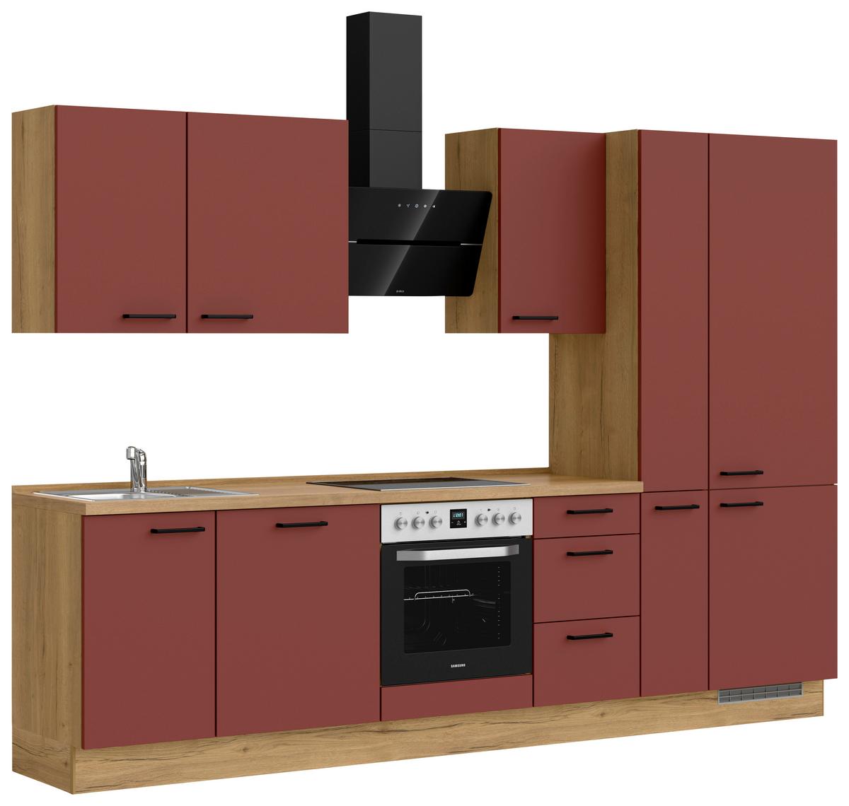 Küchenblock Easytouch High m. Geräten Dunkelrot - Eichefarben/Schwarz, MODERN, Holzwerkstoff/Metall (300cm) - Nobilia
