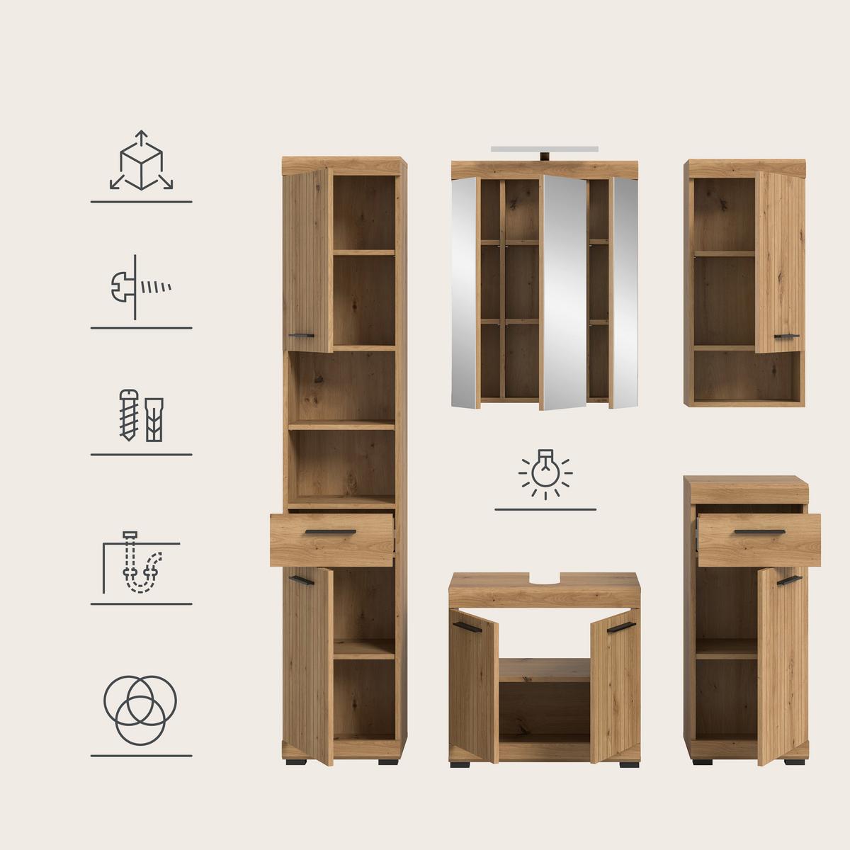 Badezimmer Scout Eiche Artisan 5-teilig - Schwarz/Eiche Artisan, Trend, Glas/Holzwerkstoff (134cm) - MID.YOU