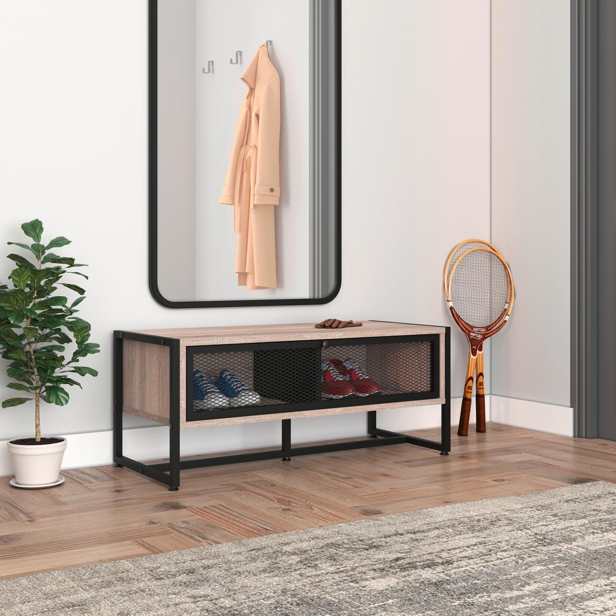 ŁAWKA Z PÓŁKĄ NA BUTY MELA SIDEBOARD - czarny/kolor dębu sonoma, Modern, metal/drewno (95/40/41cm) - P & B