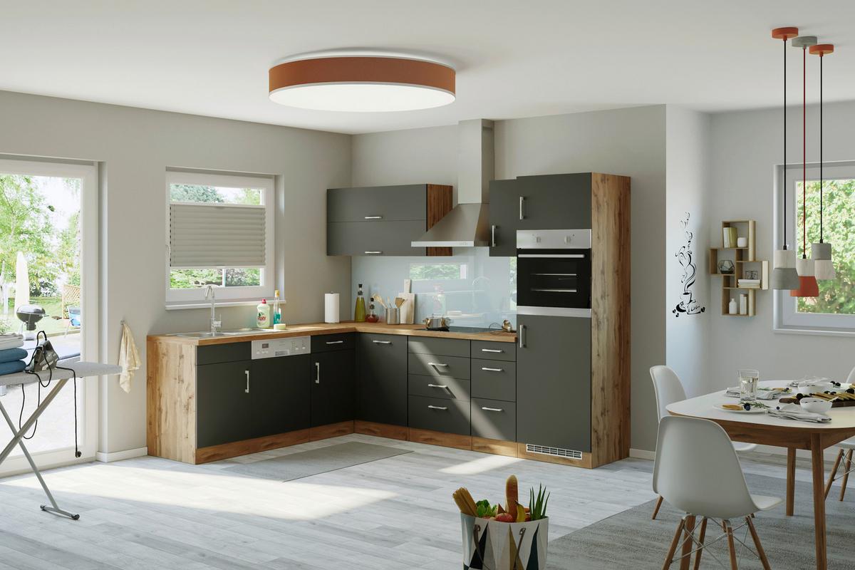 Eckküche Winkelblock ohne Geräte ca. 210x270 cm Grau - Eichefarben/Anthrazit, MODERN, Holzwerkstoff/Metall (210/270cm) - Held