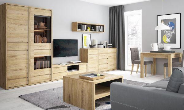 VITRINĂ SHETLAND - culoare lemn stejar/gri, Modern, sticlă/material pe bază de lemn (66/197/40cm) - Modern Living