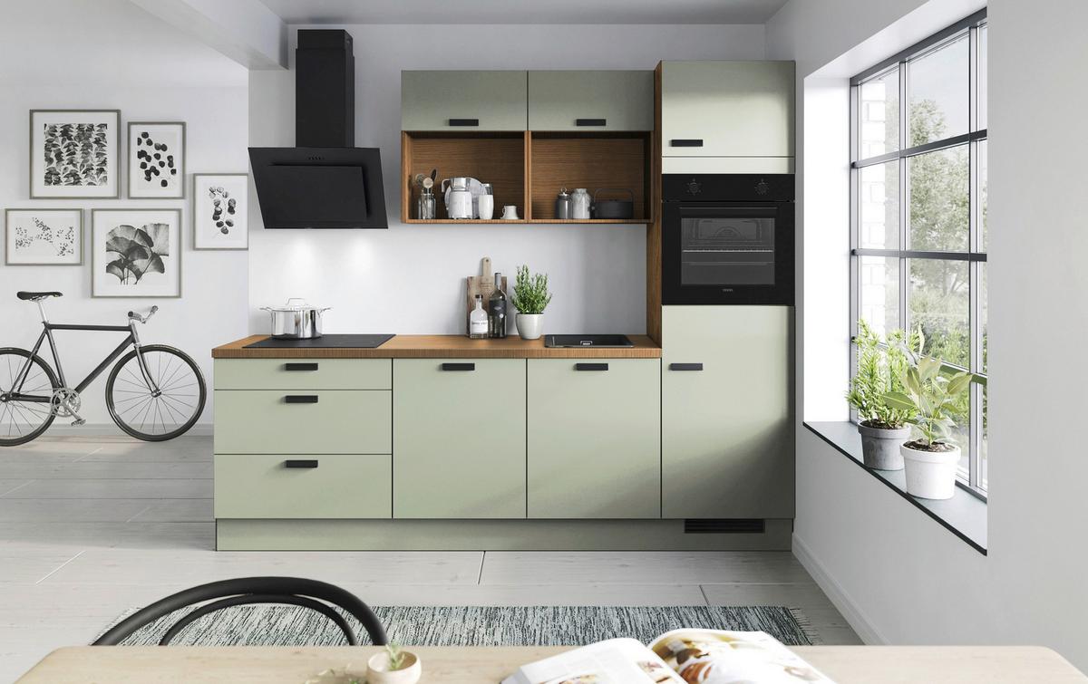 Küchenblock IP1200 Salbeigrün ohne Geräte - Salbeigrün/Eichefarben, MODERN, Holzwerkstoff/Metall (260cm) - Impuls