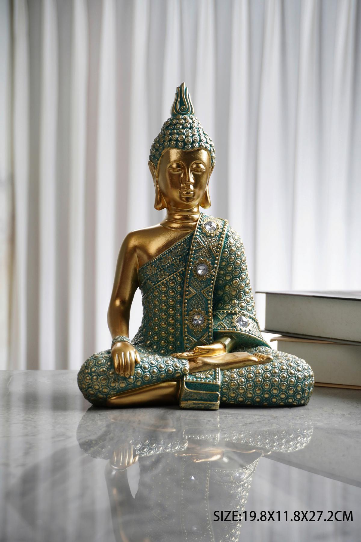 Dekor Buddha Shanti - aranyszínű/zöld, műanyag (19,8/11,8/27,2cm)