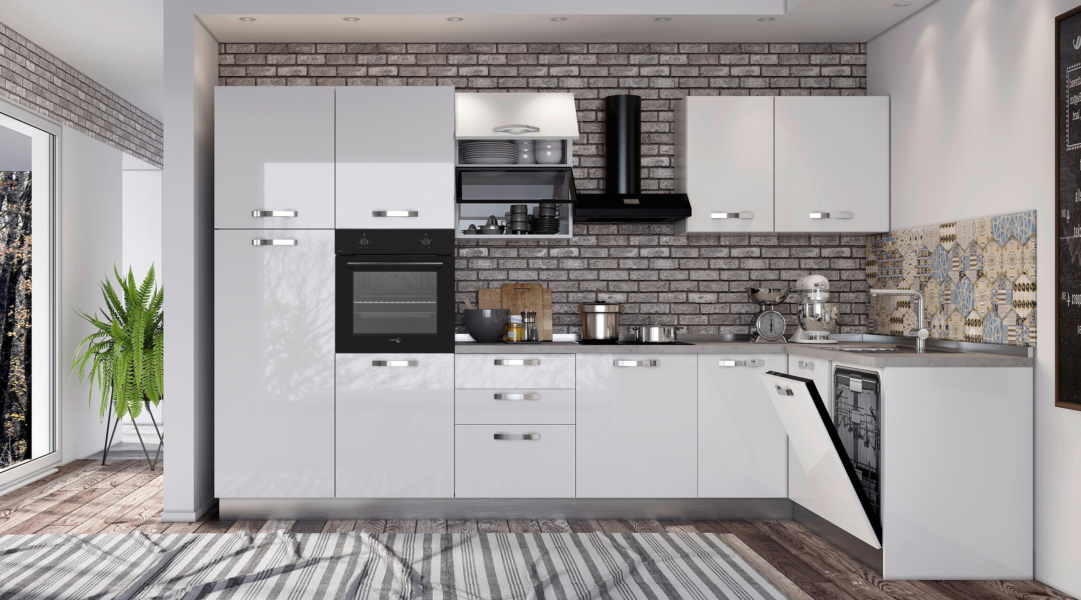 Blok Kuhinja S Aparatima Vania - bijela visoki sjaj/boje aluminija, Konvencionalno (350/185cm) - Mömax