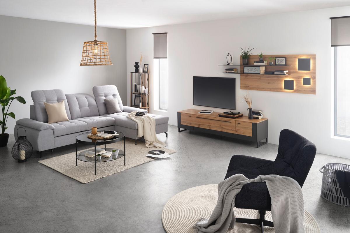 TV-Element in Eichefarben/Schwarz - Schieferfarben/Eichefarben, Modern, Holzwerkstoff/Metall (197/47/50cm) - Premium Living