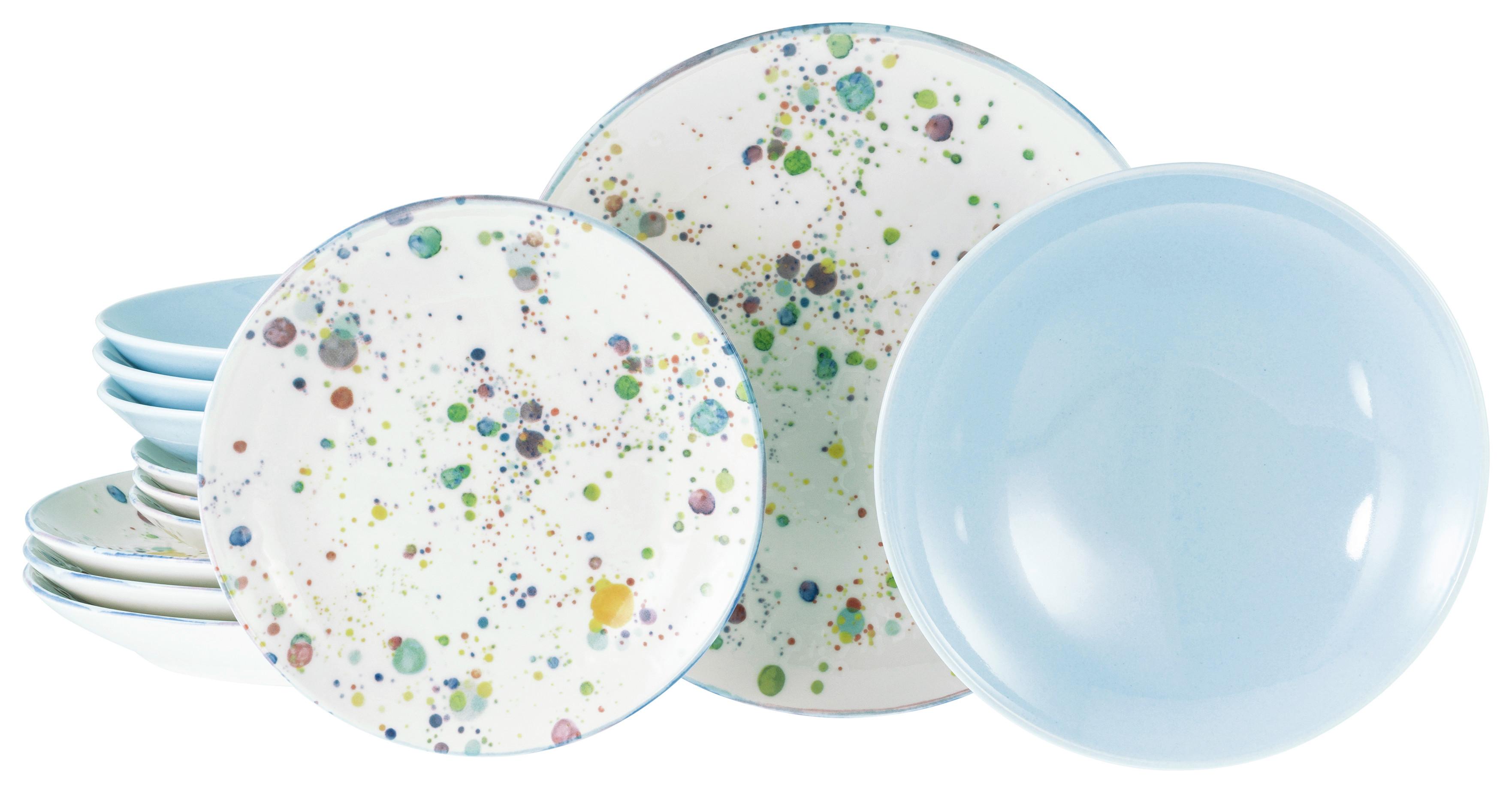 Tafelservice Candy Drop Bunt Weiß/Hellblau, 12-teilig - Weiß/Hellblau, Basics, Keramik - Creatable