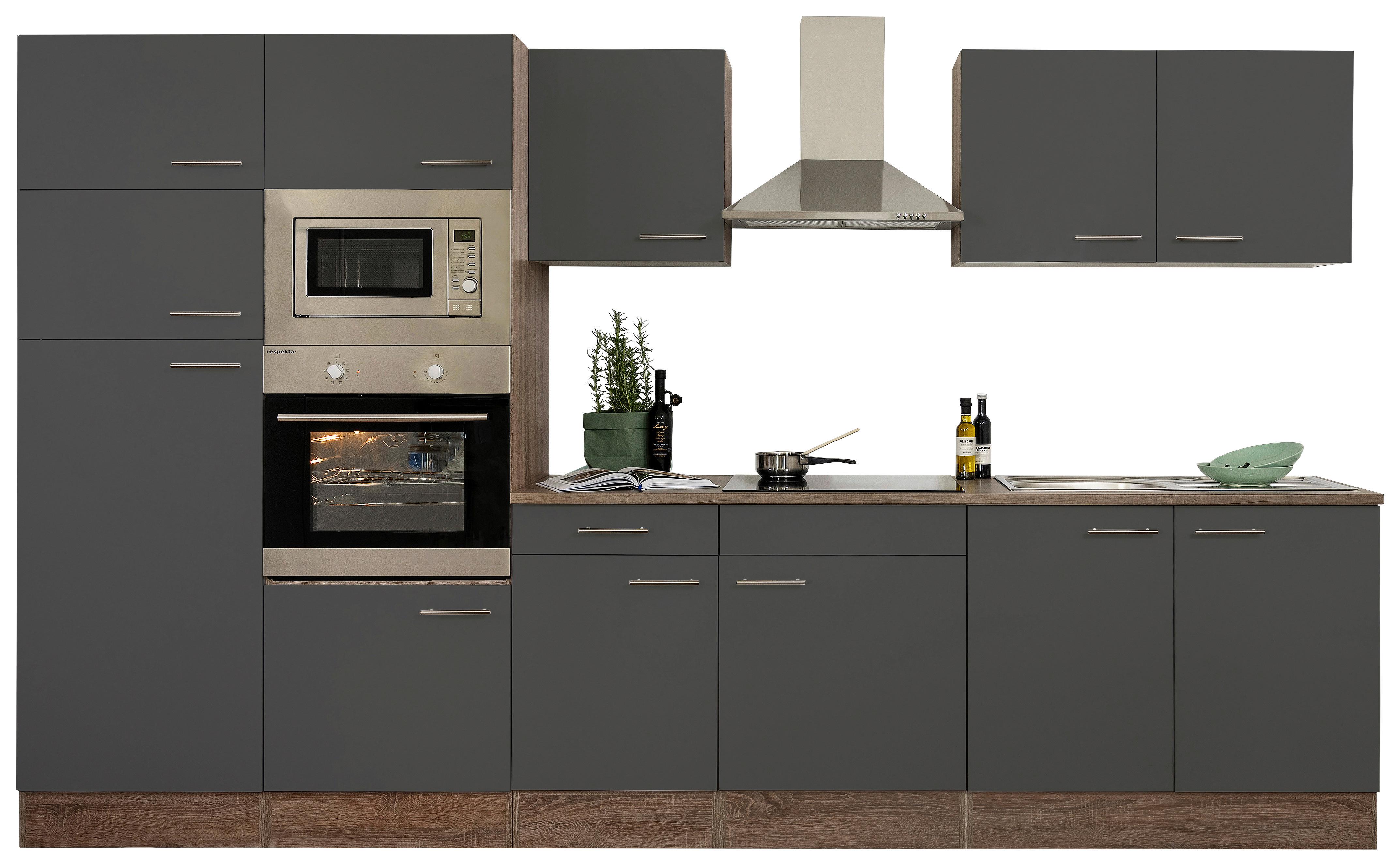 Küchenzeile Economy o. Geräte Grau/Eiche B: ca. 330 cm - Edelstahlfarben/Eichefarben, Basics, Holzwerkstoff/Metall (330cm) - Respekta
