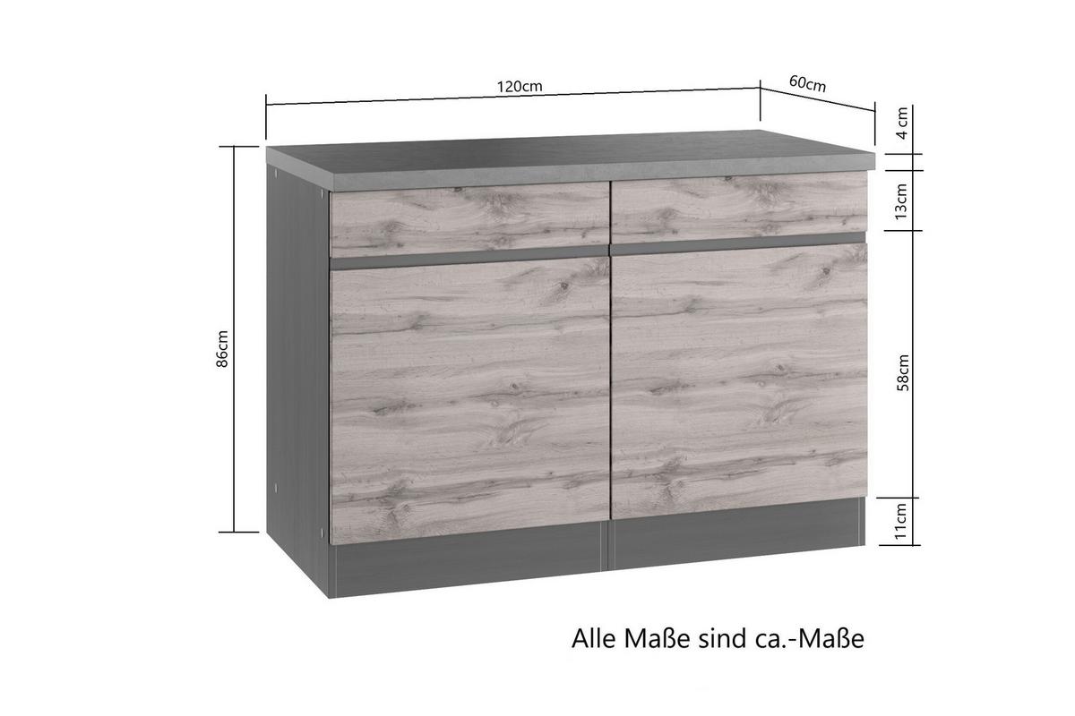 Küchenunterschrank Turin ca. 120x86 cm Graphit/Eiche - Eiche Wotan/Graphitfarben, Design, Holzwerkstoff (120/86/60cm) - Held