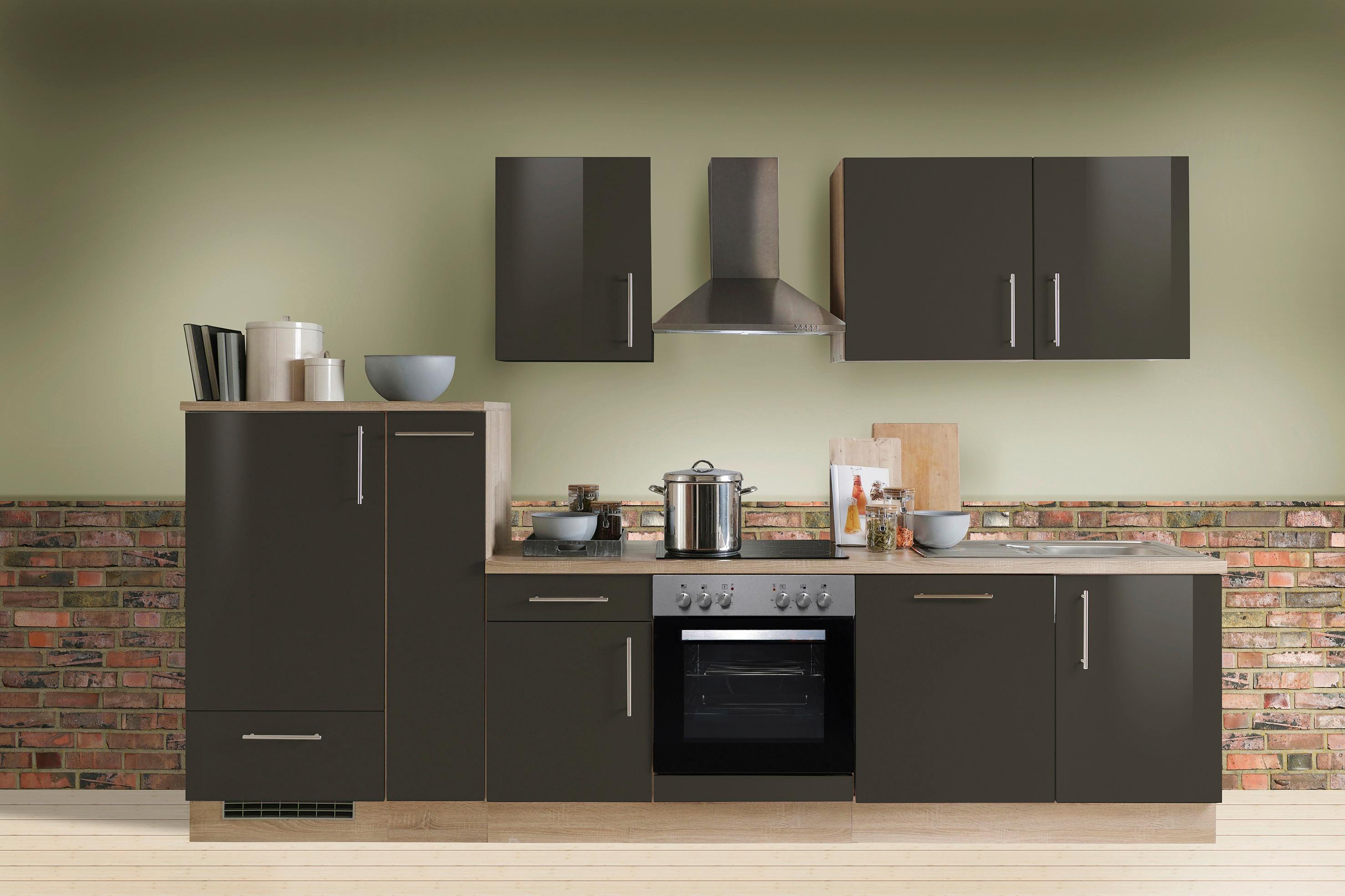 Menke Küchenblock Premium Dunkelbraun/Eiche ca. 310 cm - Dunkelbraun/Silberfarben, KONVENTIONELL, Holzwerkstoff/Metall (310cm) - Menke