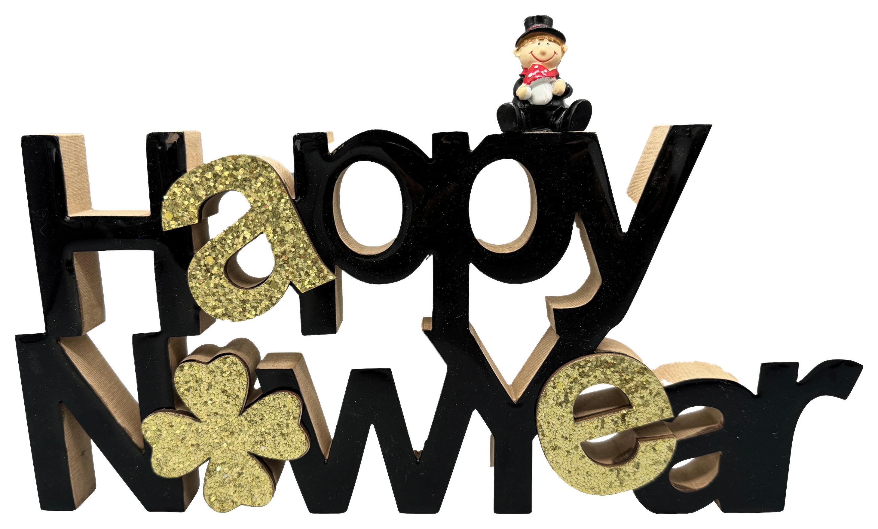Dekoschriftzug Happy New Year Schwarz/Goldfarben - Goldfarben/Schwarz, Holzwerkstoff (30/19/1,8cm) - Mömax