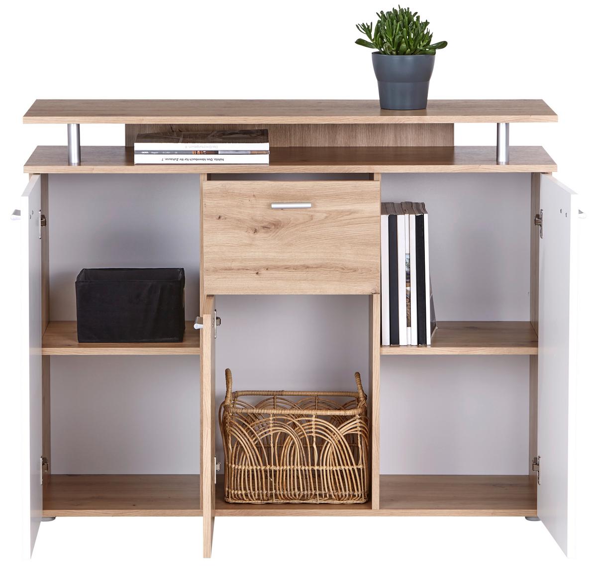 Komoda Leon, Bela, Barva Hrasta - bela/barve aluminija, Moderno, umetna masa/leseni material (117/92,3/38cm) - Mömax