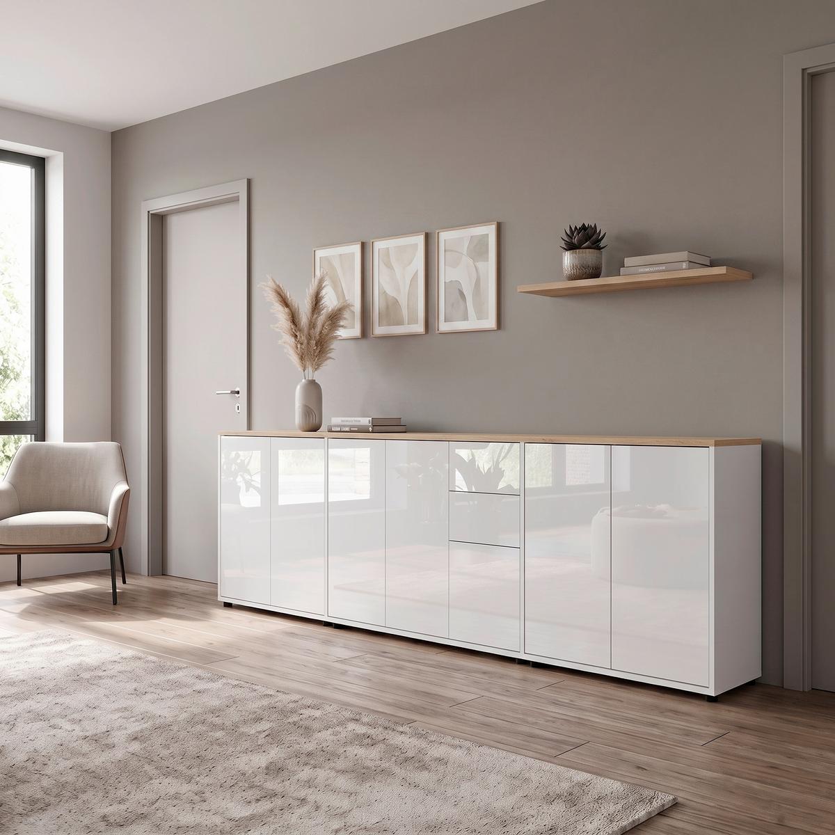 Sideboard Mailand Set 6 Weiß/Eiche - Weiß Hochglanz/Schwarz, MODERN, Holzwerkstoff/Kunststoff (263,5/73/33cm) - MID.YOU
