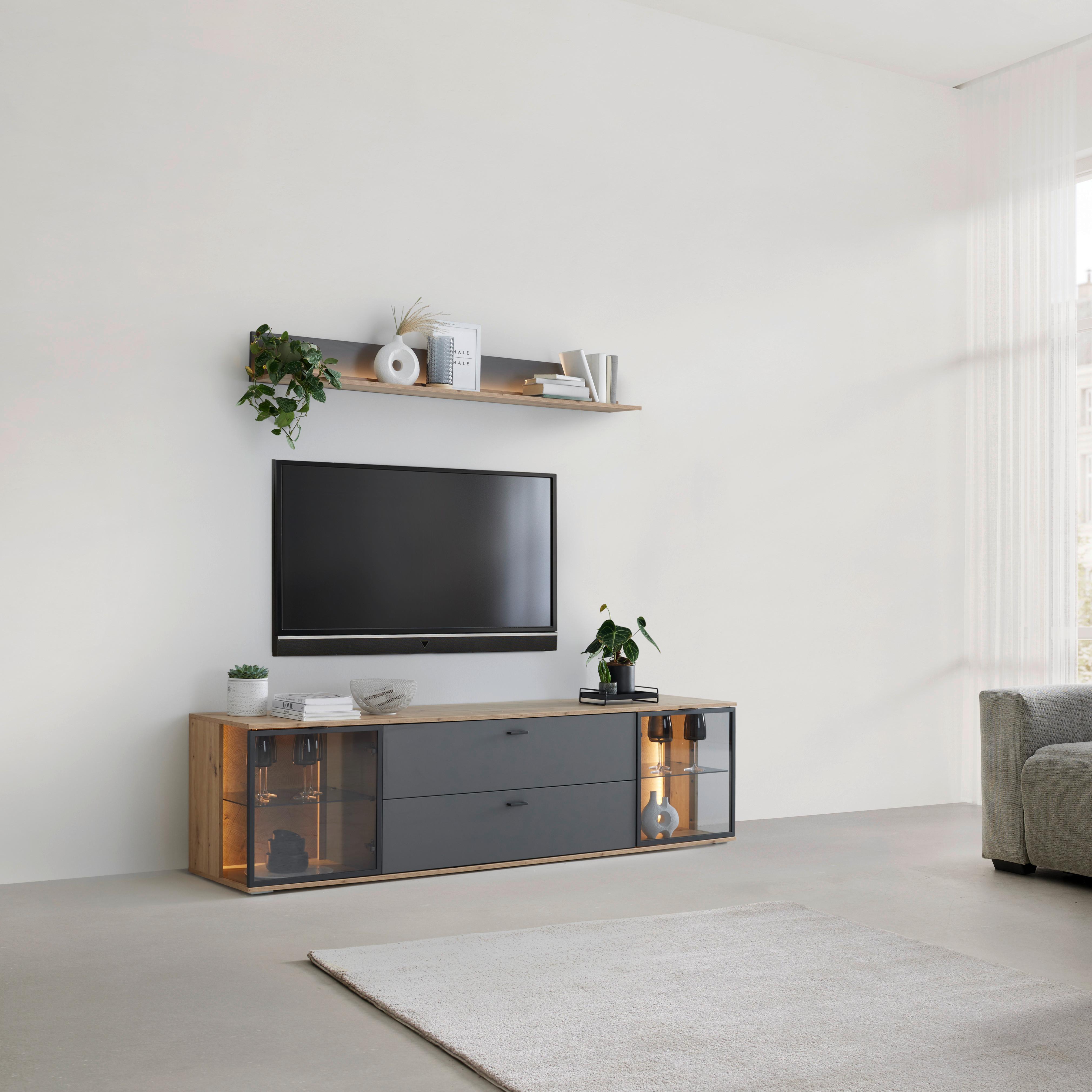 TV-Element Florenz Grau/Schwarz/Eiche Artisan - Schwarz/Eiche Artisan, MODERN, Glas/Holzwerkstoff (210/56,7/50cm) - Premium Living