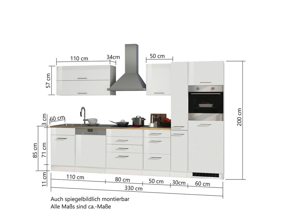Küchenblock Mailand m. Geräten Weiß Hochglanz - Weiß Hochglanz/Silberfarben, MODERN, Holzwerkstoff/Metall (330cm) - Held
