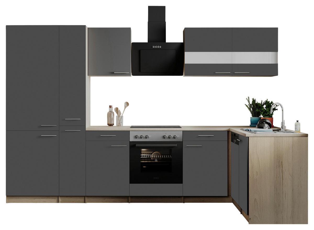 Eckküche Merle m. Geräten ca. 310x172cm Grau - Edelstahlfarben/Eichefarben, Basics, Holzwerkstoff/Metall (310/172cm) - Respekta