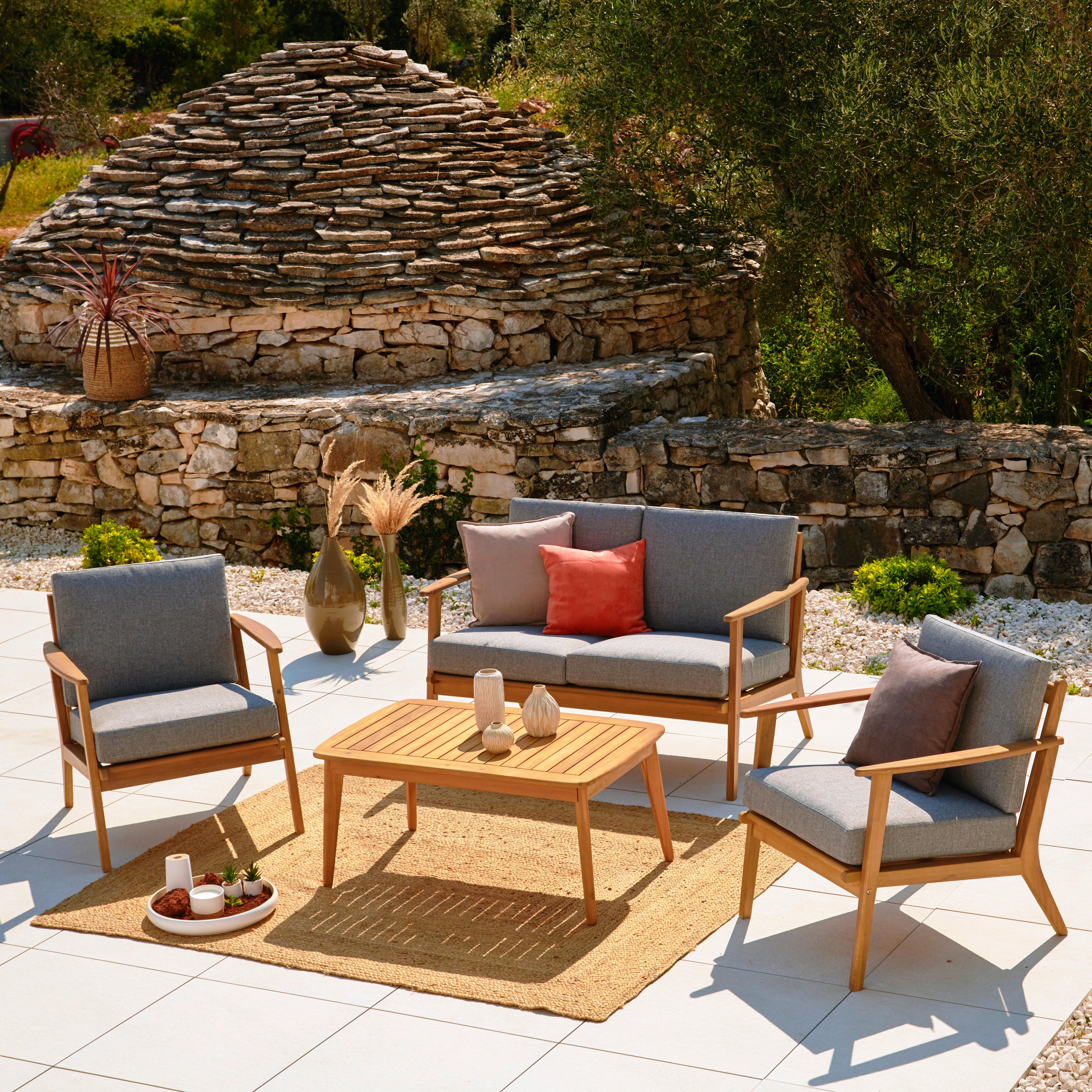 Loungegarnitur aus Akazie massiv - Hellgrau/Akaziefarben, Modern, Holz/Textil - Zandiara