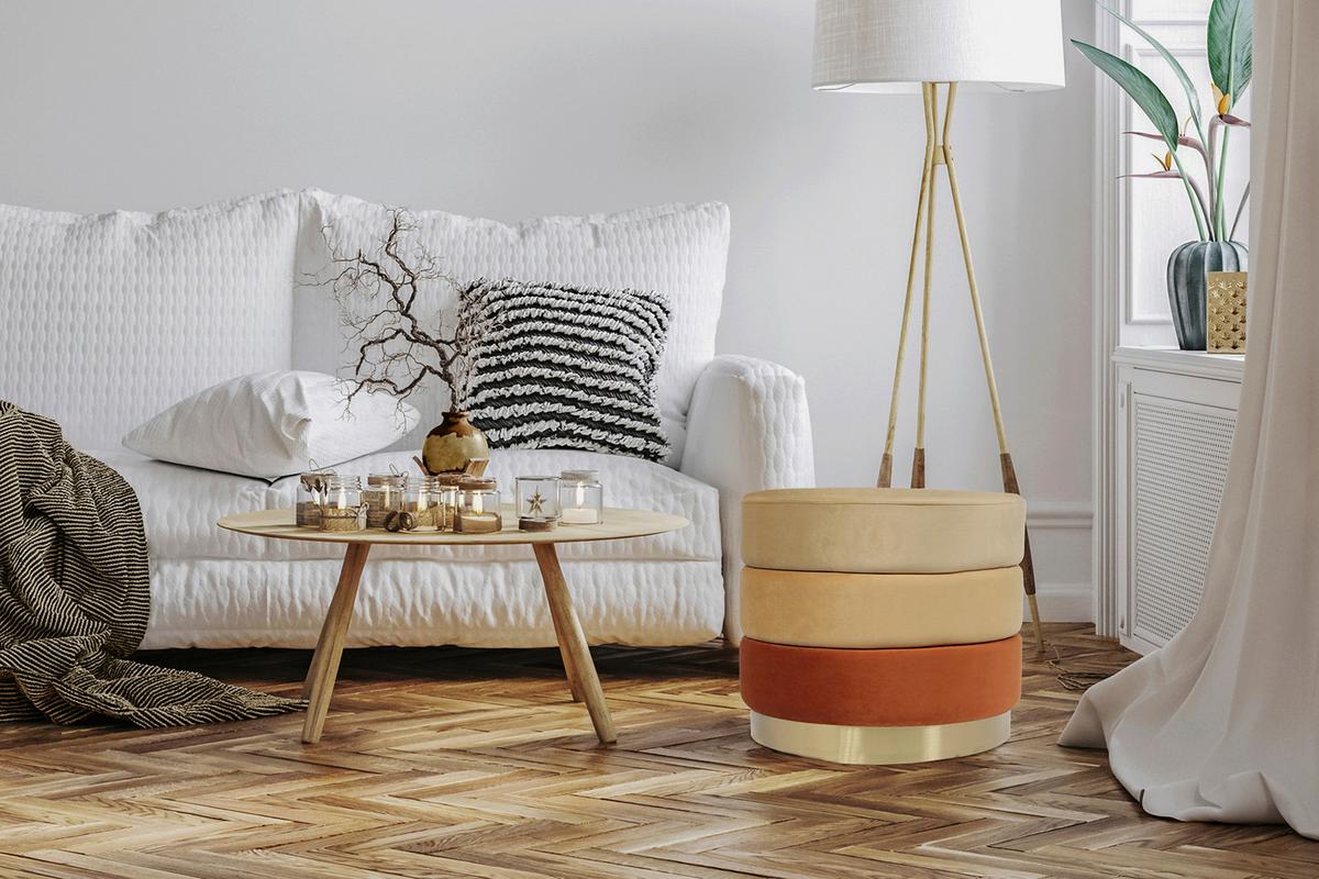 HOCKER ELYSE 100 - Goldfarben/Orange, Design, Textil/Metall (50/42cm) - Kayoom