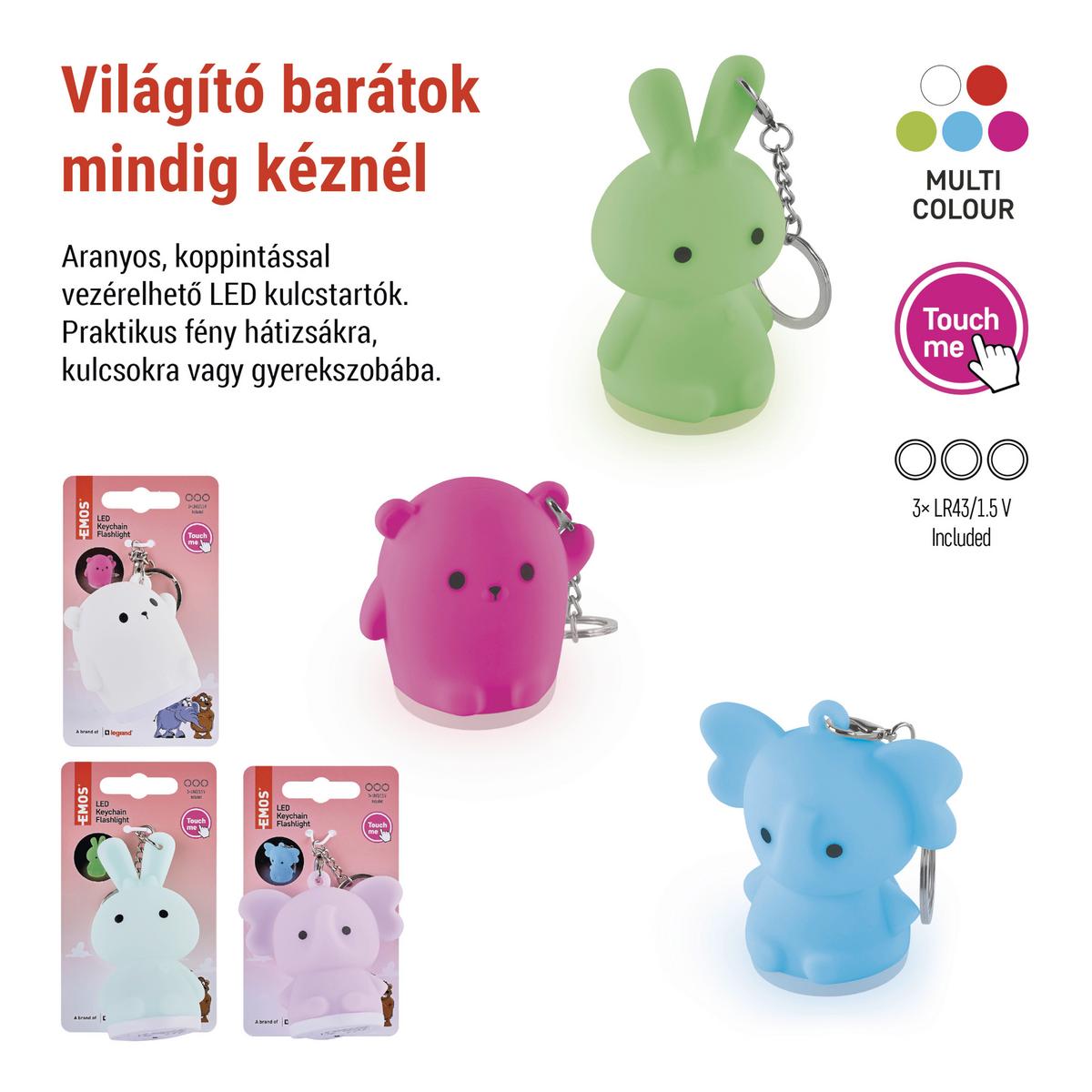 LED Szilikon Kulcstartó Állatkák - világos rózsaszín/pasztellkék, műanyag