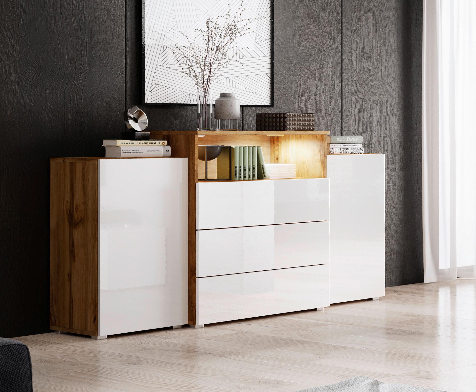 Sideboard Urban III mit LED ca. 150x69 cm Weiß/Eiche Wotan - Weiß Hochglanz/Eiche Wotan, LIFESTYLE, Holzwerkstoff/Kunststoff (150/68,7/32,5cm) - P & B