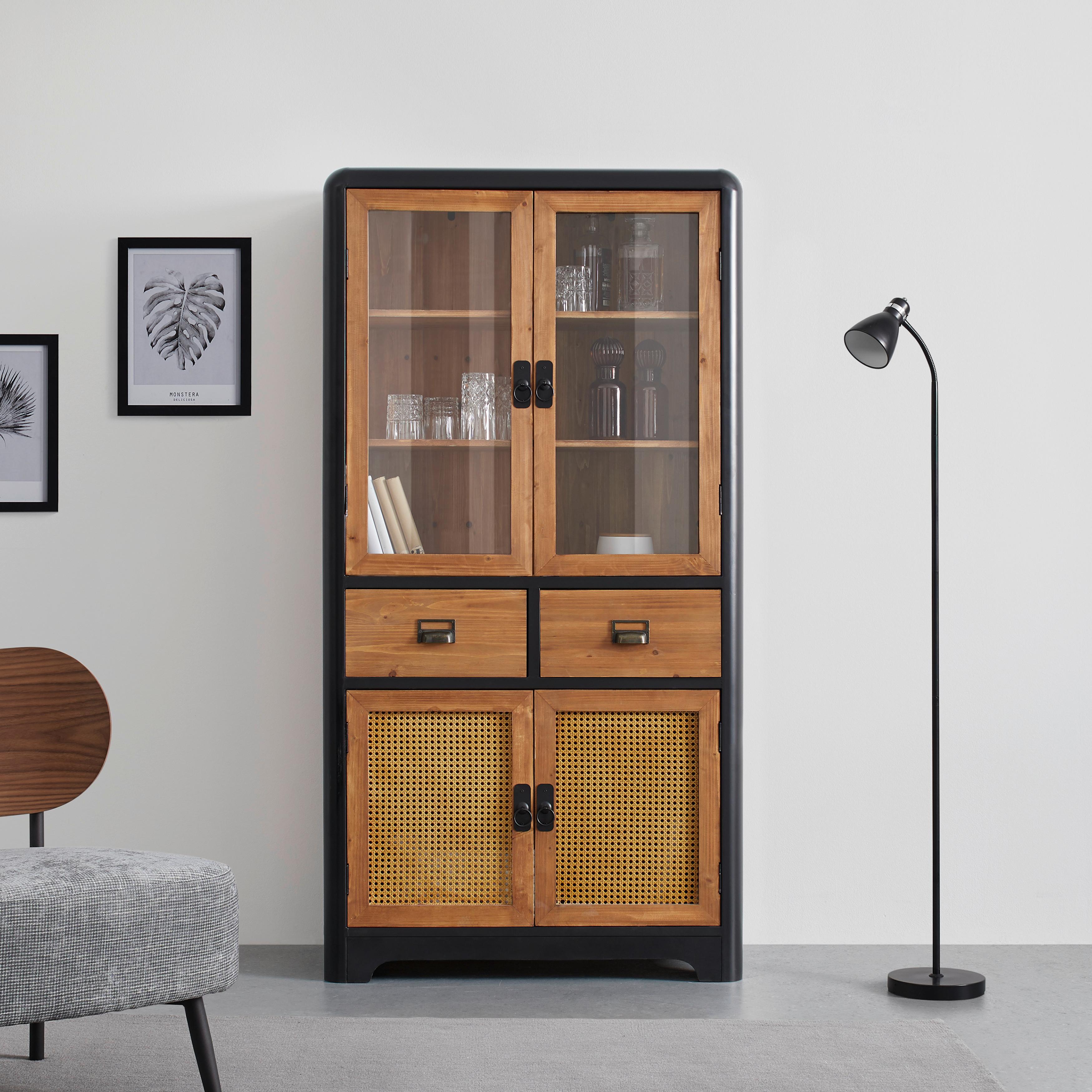 Kredenca Travis, Les Jelke, Črna, Steklo - črna/naravne barve, Moderno, kovina/steklo (90/175/40cm) - Bessagi Home