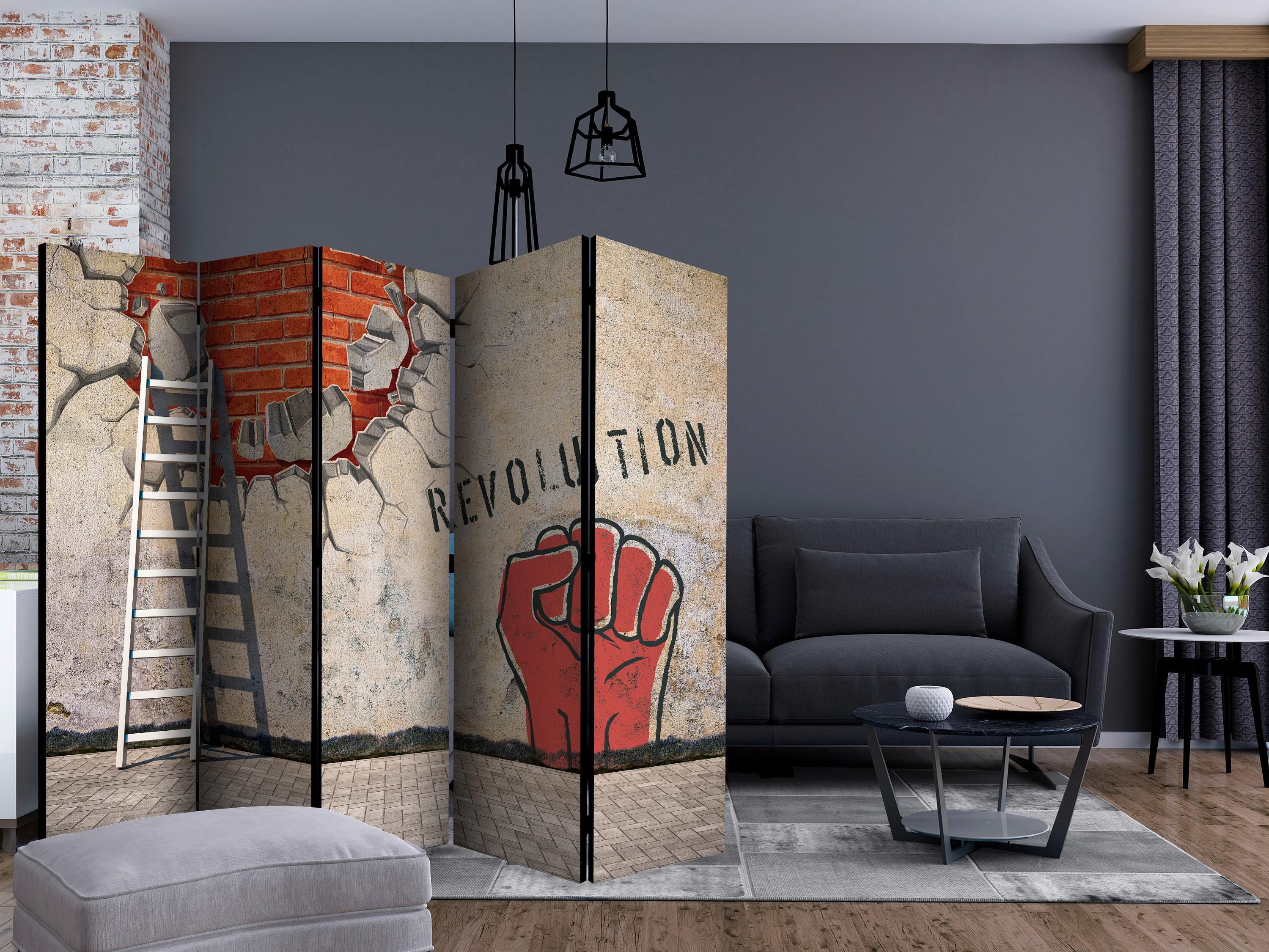 Paravan Revolution I, 5-Delni, Dvostranski - svetlo rdeča/bež, Basics, tekstil/les (225/172/3cm) - artgeist