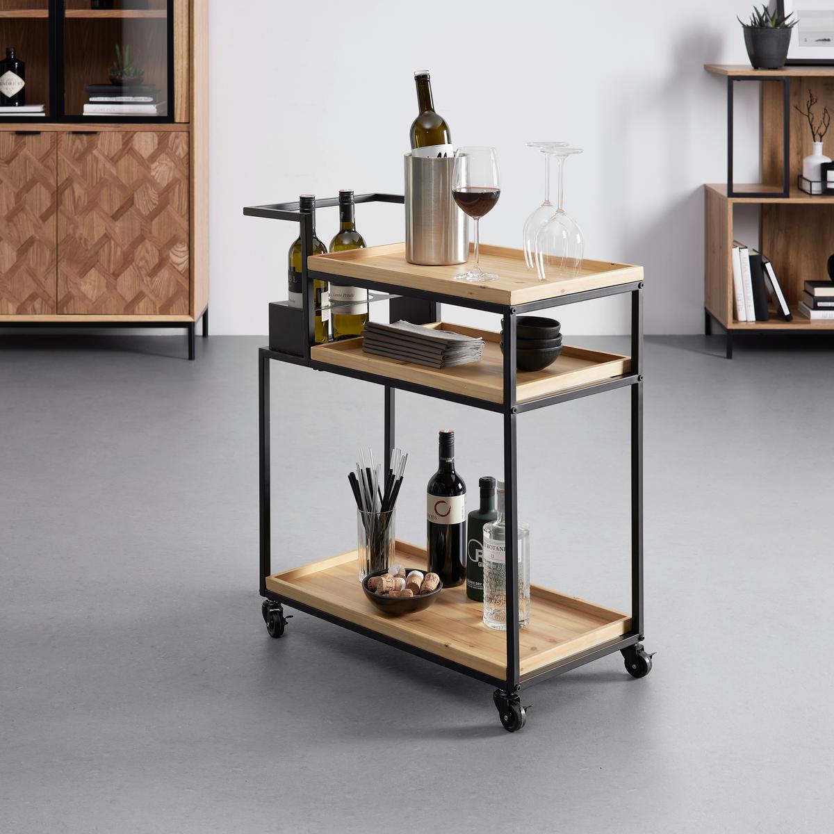 Rollwagen "Giorgia", Eichefarben/schwarz - Erlefarben/Schwarz, MODERN, Holz/Kunststoff (70/81/34cm) - Bessagi Home