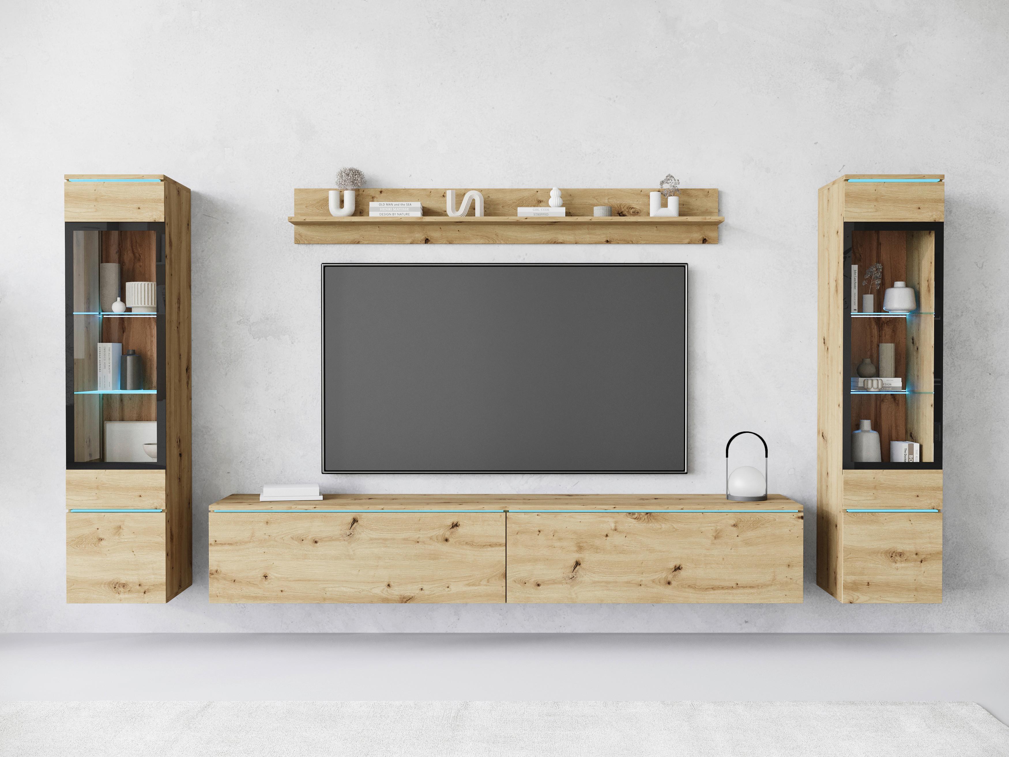 Wohnwand Vera II 4-tlg. ca. 240x130 cm Eiche Artisan - Eiche Artisan/Grau, Basics, Glas/Holzwerkstoff (240/130/33cm) - Livetastic