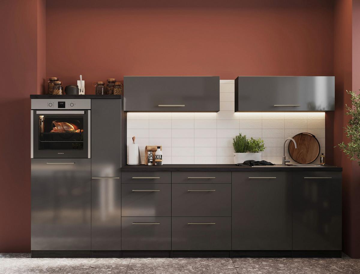 Inselküche Premium Grau mit Geräten B: ca. 310 cm - Grau, Basics, Holzwerkstoff/Metall (310/160cm) - Respekta