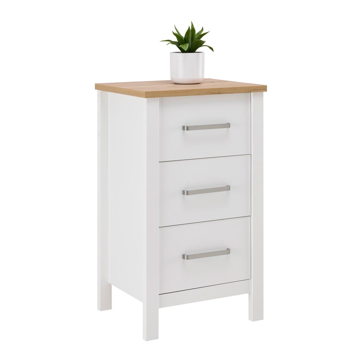 Kommode Sicilia Weiß/Eiche - Silberfarben/Weiß, ROMANTIK / LANDHAUS, Holzwerkstoff/Metall (53/92/45cm) - Mömax