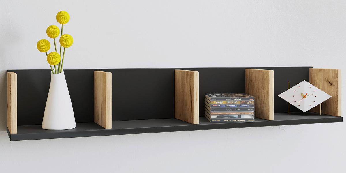 Stenski Regal Honsa, Črna, Barva Hrasta - medeni hrast/antracit, Design, leseni material (97/17/17cm) - MID.YOU