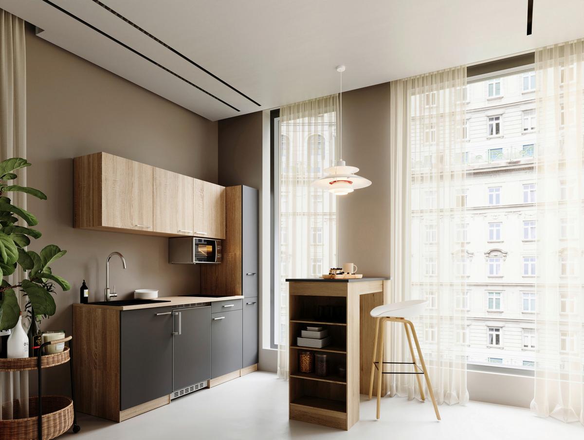 Küchenblock Ingrid m. Geräten Grau - Eichefarben/Alufarben, Design, Holzwerkstoff/Kunststoff (180cm) - Respekta