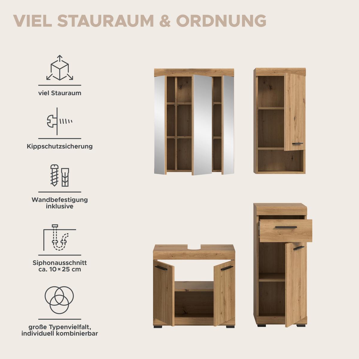 Badezimmer Scout Eiche Artisan 4-teilig - Schwarz/Eiche Artisan, Trend, Glas/Holzwerkstoff (97cm) - MID.YOU