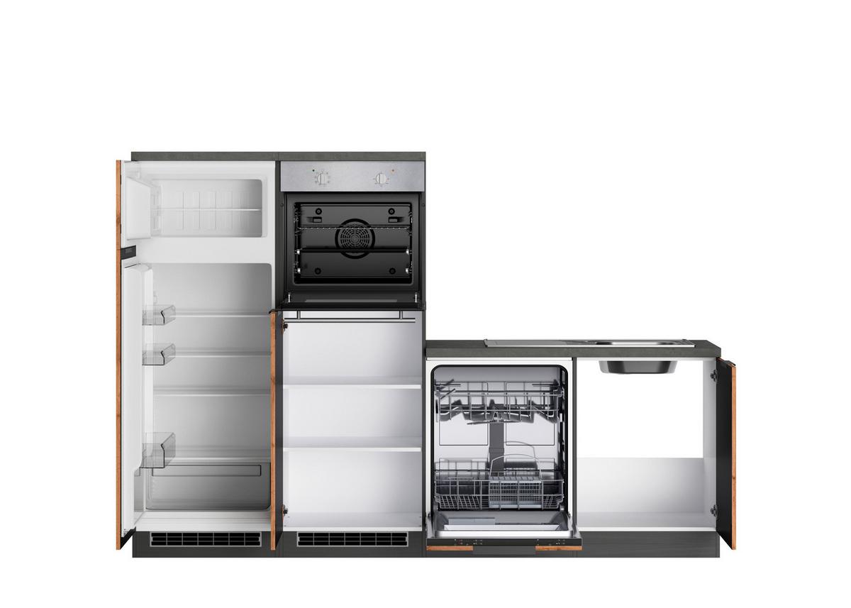 Eckküche Liverpool m. Geräte ca. 300x240cm Eiche - Schieferfarben/Eiche Wotan, Basics, Holzwerkstoff/Metall (300/240cm) - Held